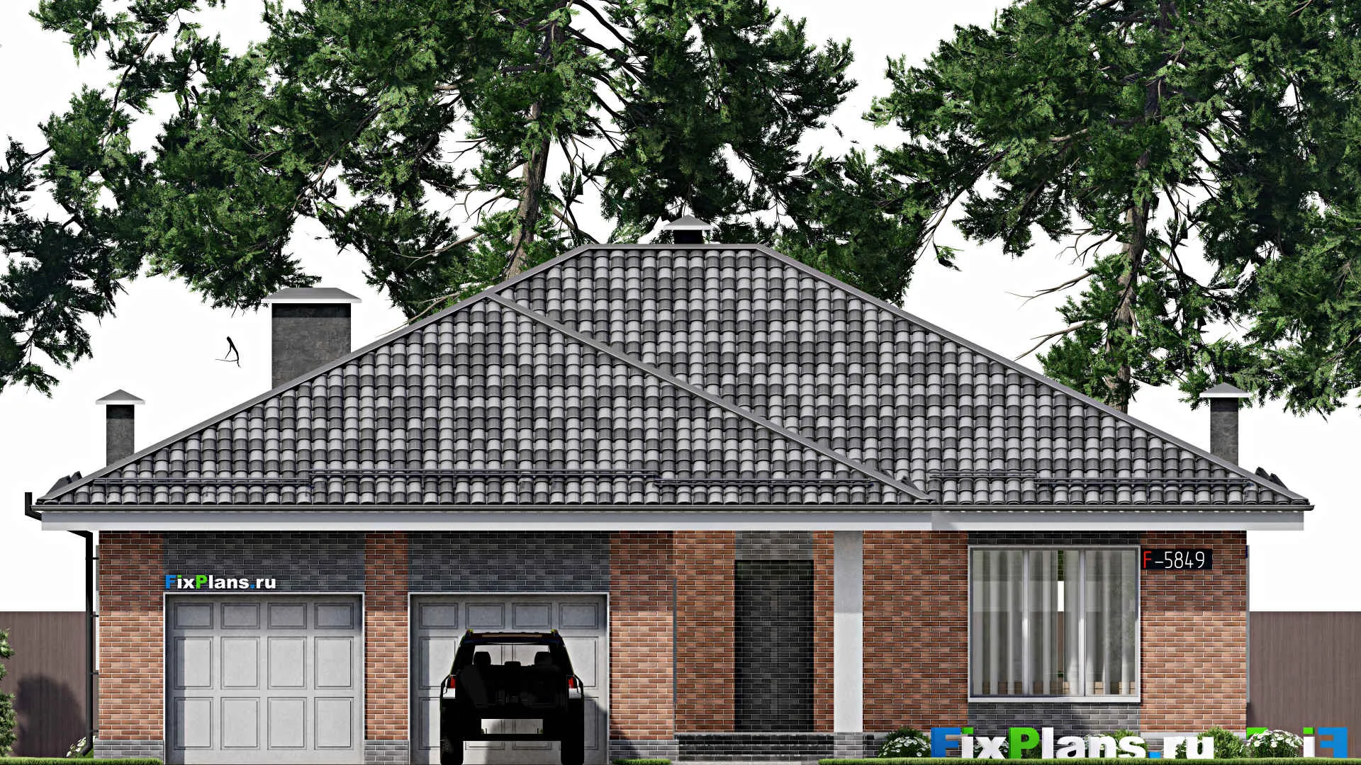 F-5849 - План одноэтажного дома 16 на 24, площадью 250 м² с террасой, гаражом на 2 машины и 3 спальнями