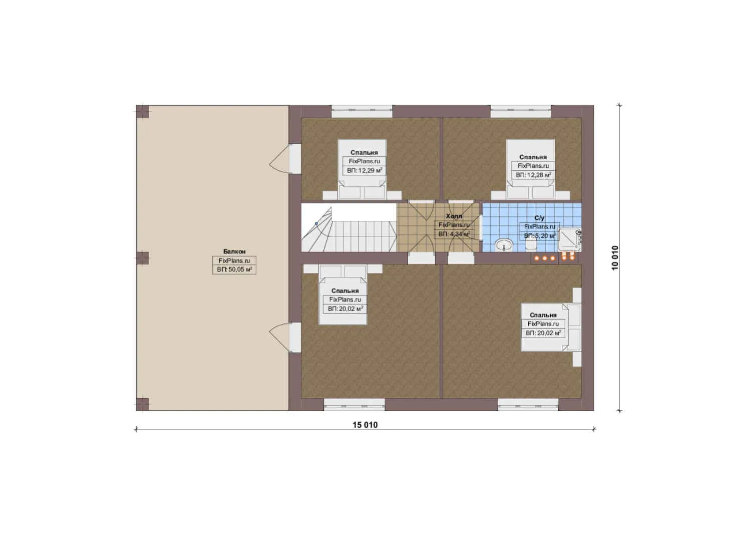 F-17765 - Планы двухэтажного дома 15 на 16, площадью 270 м² с террасой, балконом, гаражом на 2 машины и 5 спальнями