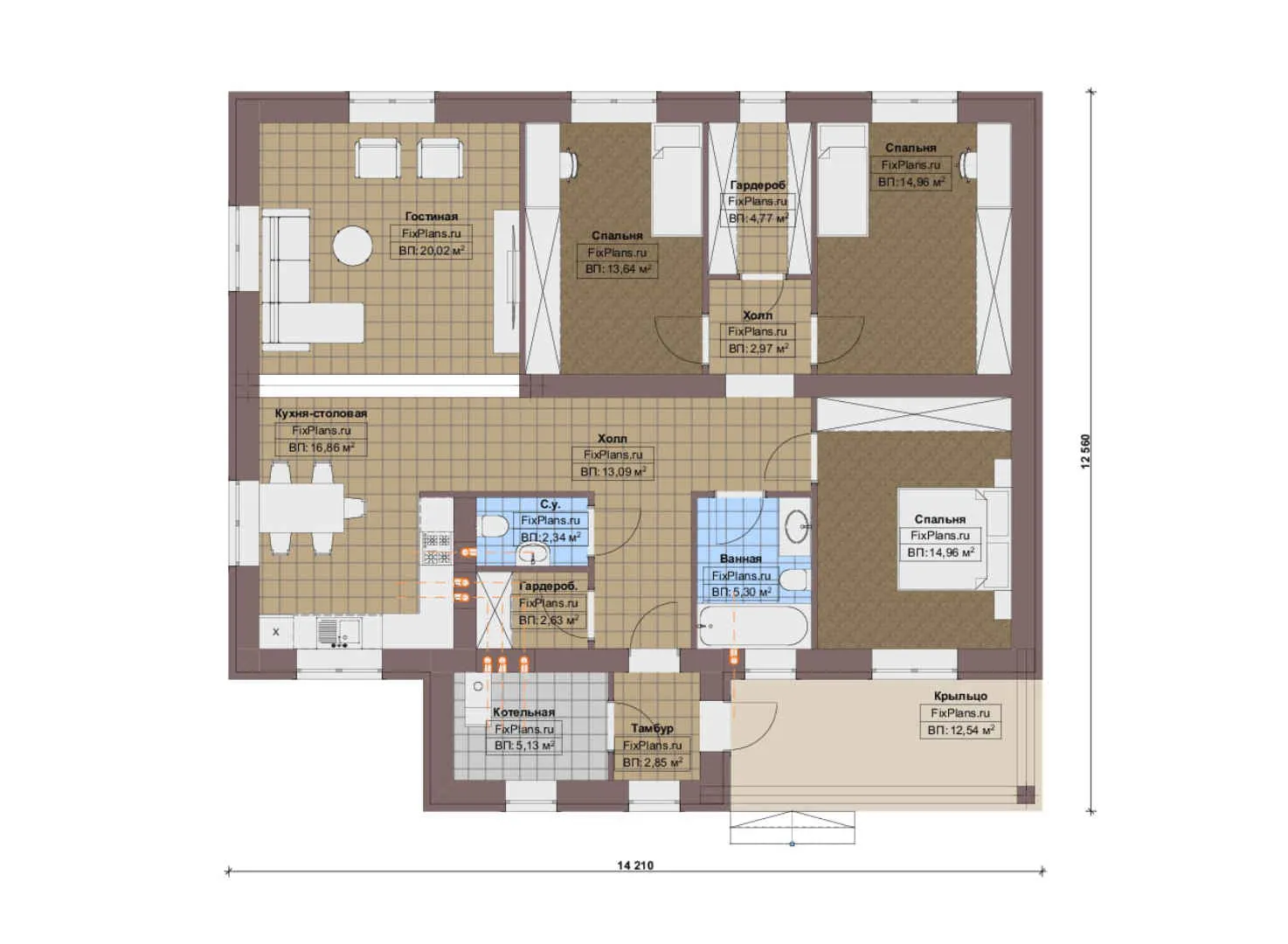 F-19646 - План одноэтажного дома 13 на 15, площадью 140 м² с 3 спальнями