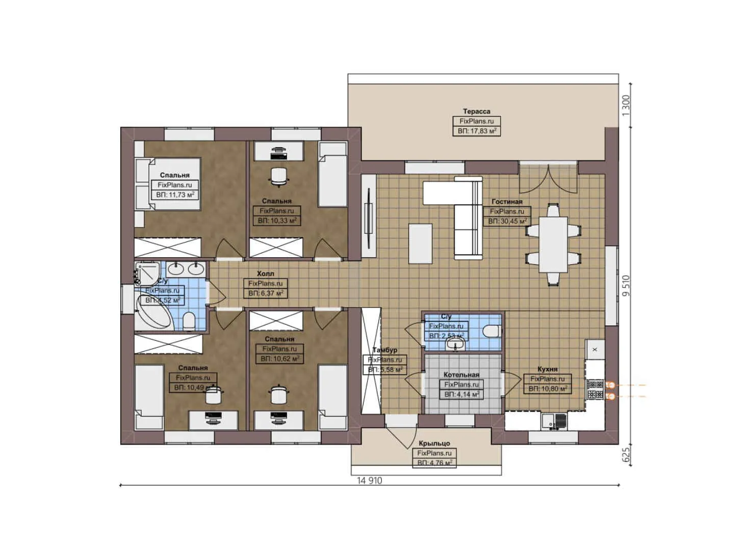 F-4265 - План одноэтажного дома 10 на 15, площадью 130 м² с террасой и 4 спальнями