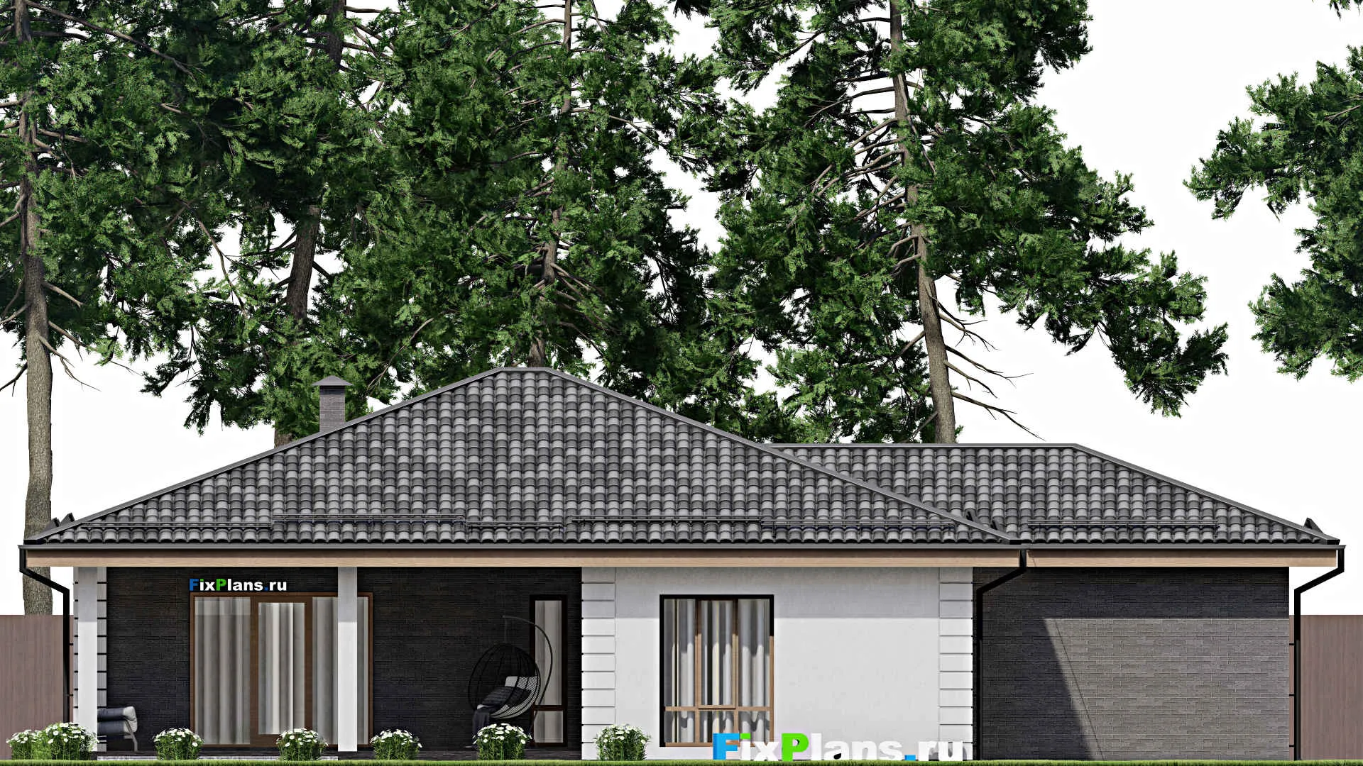 F-7793 - План одноэтажного дома 14 на 20, площадью 190 м² с террасой, гаражом на 1 машину и 3 спальнями