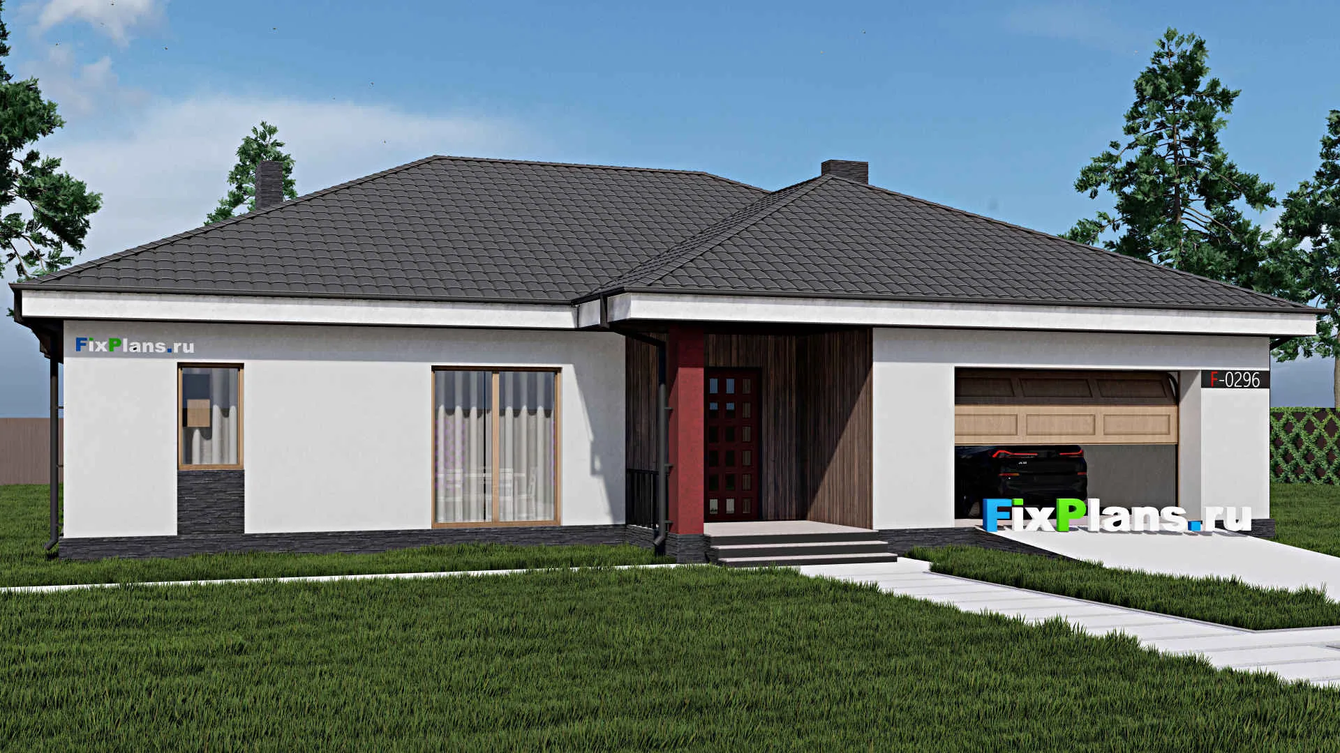 F-0296 - Проект одноэтажного дома 16 на 19, площадью 220 м² с террасой, гаражом на 2 машины и 2 спальнями