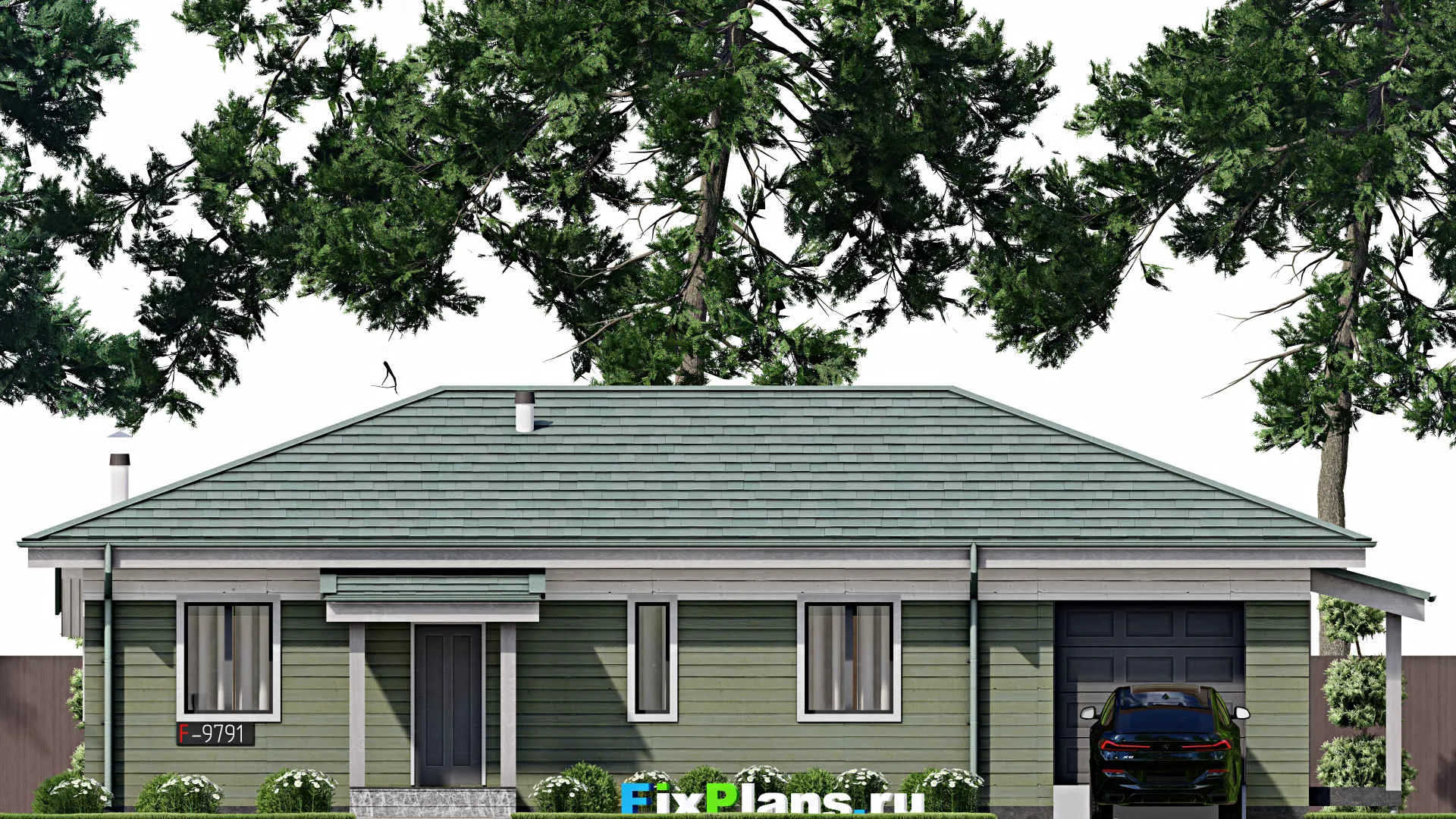 F-9791 - План одноэтажного дома 13 на 18, площадью 160 м² с террасой, гаражом на 1 машину и 2 спальнями