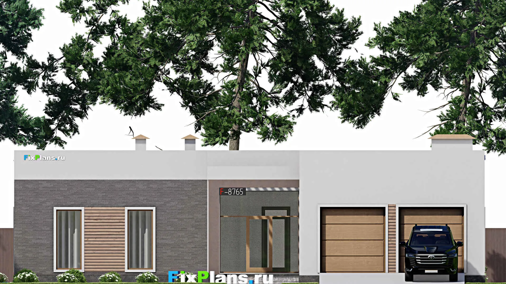 F-8765 - План одноэтажного дома 18 на 25, площадью 330 м² с террасой, гаражом на 2 машины и 3 спальнями