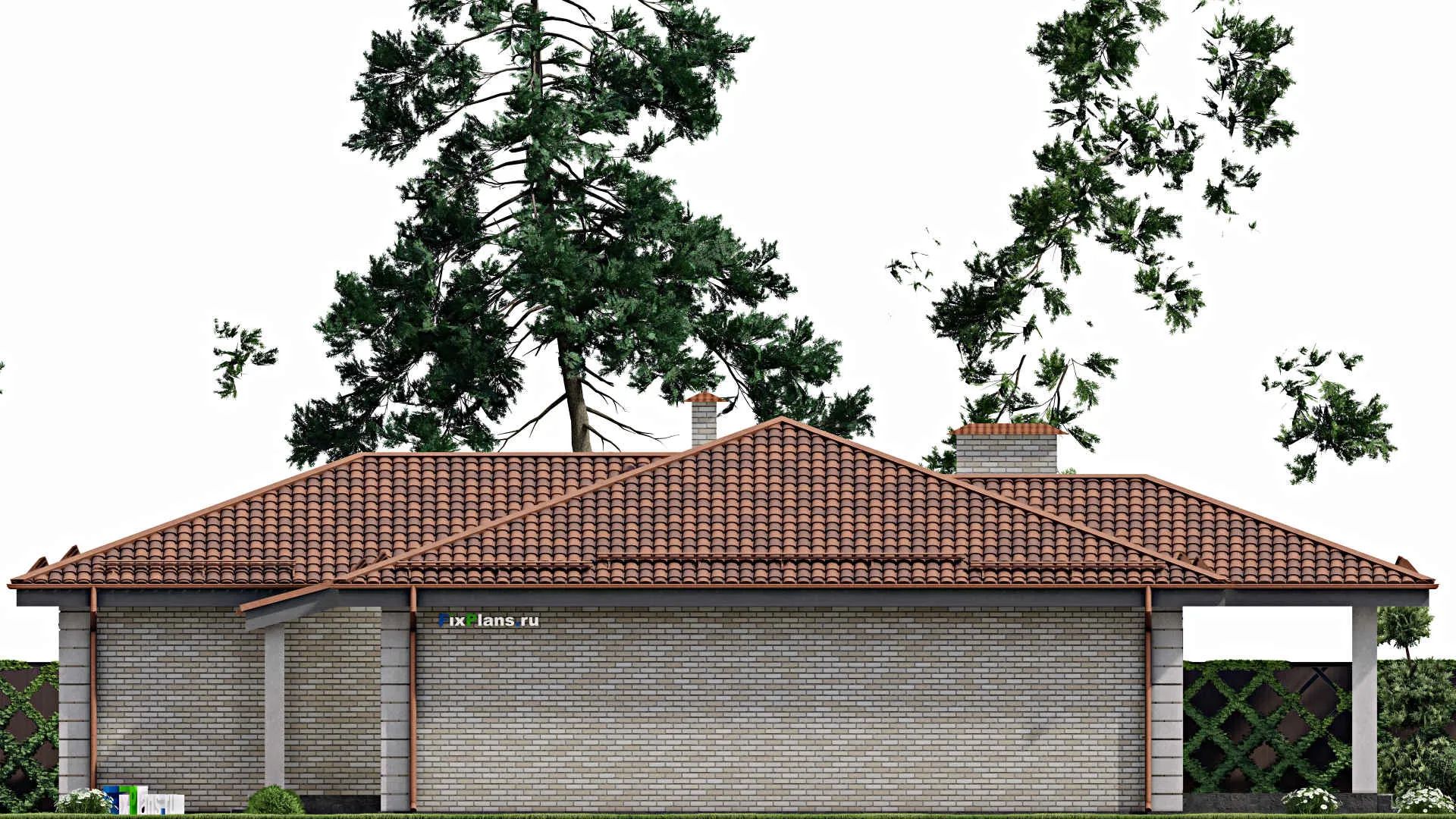 F-9863 - Проект одноэтажного дома 19 на 21, площадью 270 м² с террасой, цокольным этажом, баней, гаражом на 2 машины и 3 спальнями