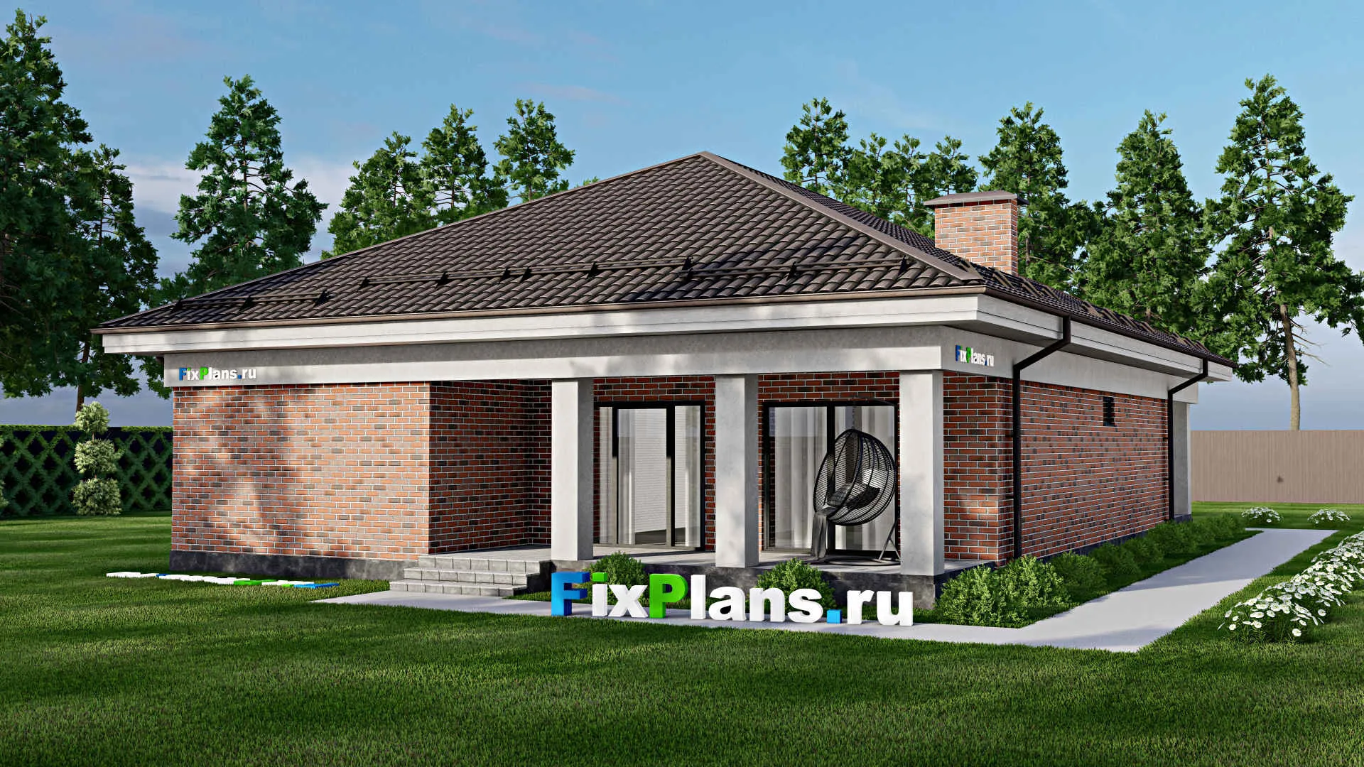 F-3311 - Проект одноэтажного дома 12 на 18, площадью 180 м² с террасой, гаражом на 1 машину и 3 спальнями