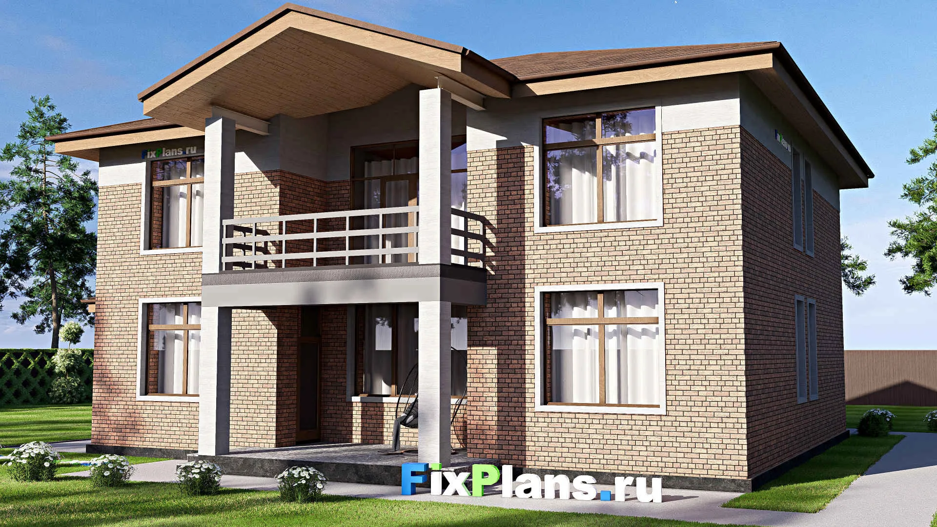 F-17063 - Проект двухэтажного дома 18 на 18, площадью 290 м² с террасой, балконом и 5 спальнями