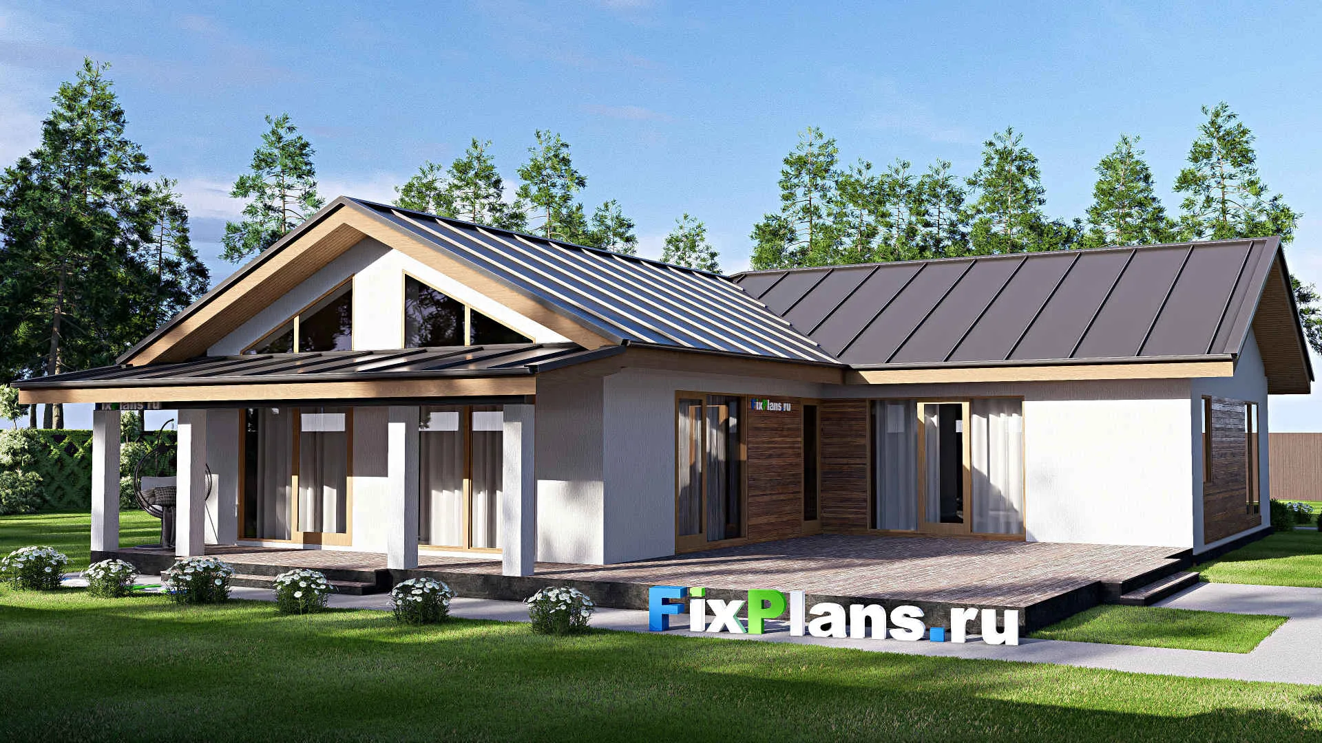 F-19259 - План одноэтажного дома 16 на 21, площадью 260 м² с террасой, баней и 4 спальнями