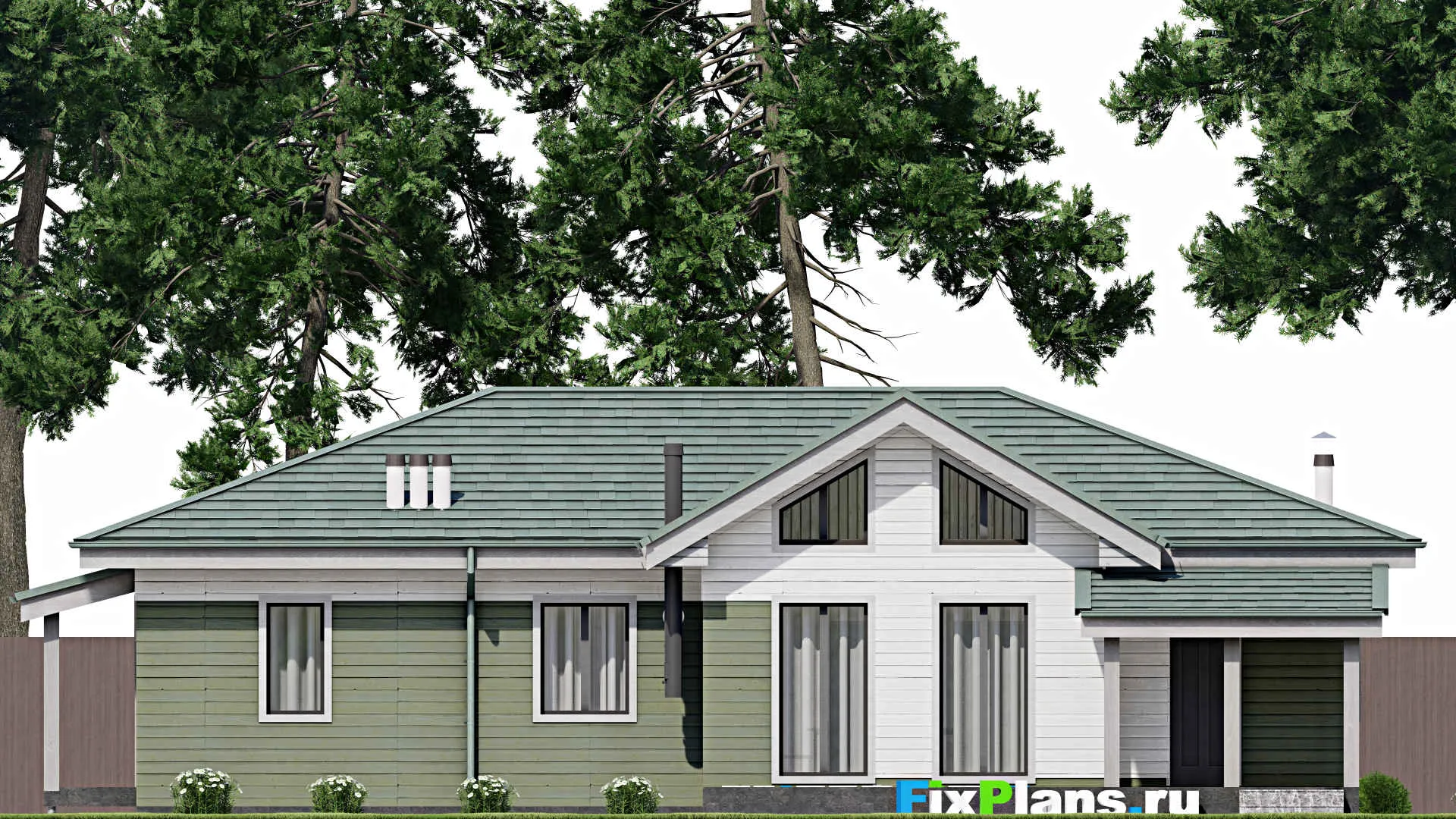 F-9791 - План одноэтажного дома 13 на 18, площадью 160 м² с террасой, гаражом на 1 машину и 2 спальнями