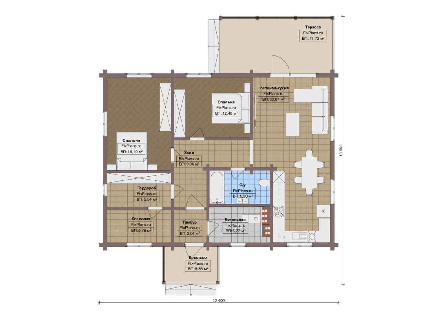 F-12617 - План одноэтажного дома 13 на 14, площадью 120 м² с террасой и 2 спальнями