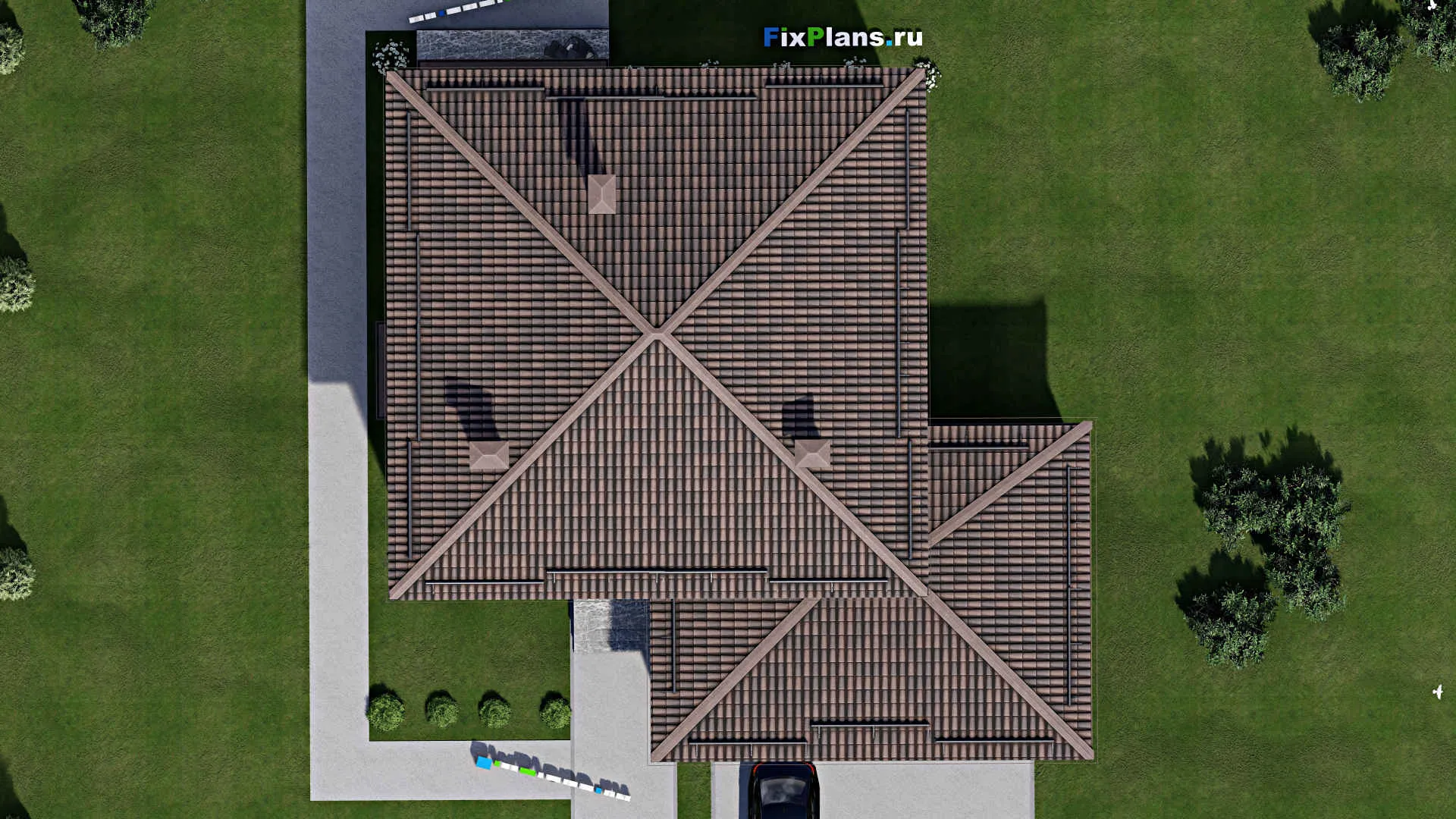 F-4967 - Проект двухэтажного дома 17 на 17, площадью 290 м² с террасой, балконом, гаражом на 2 машины и 7 спальнями