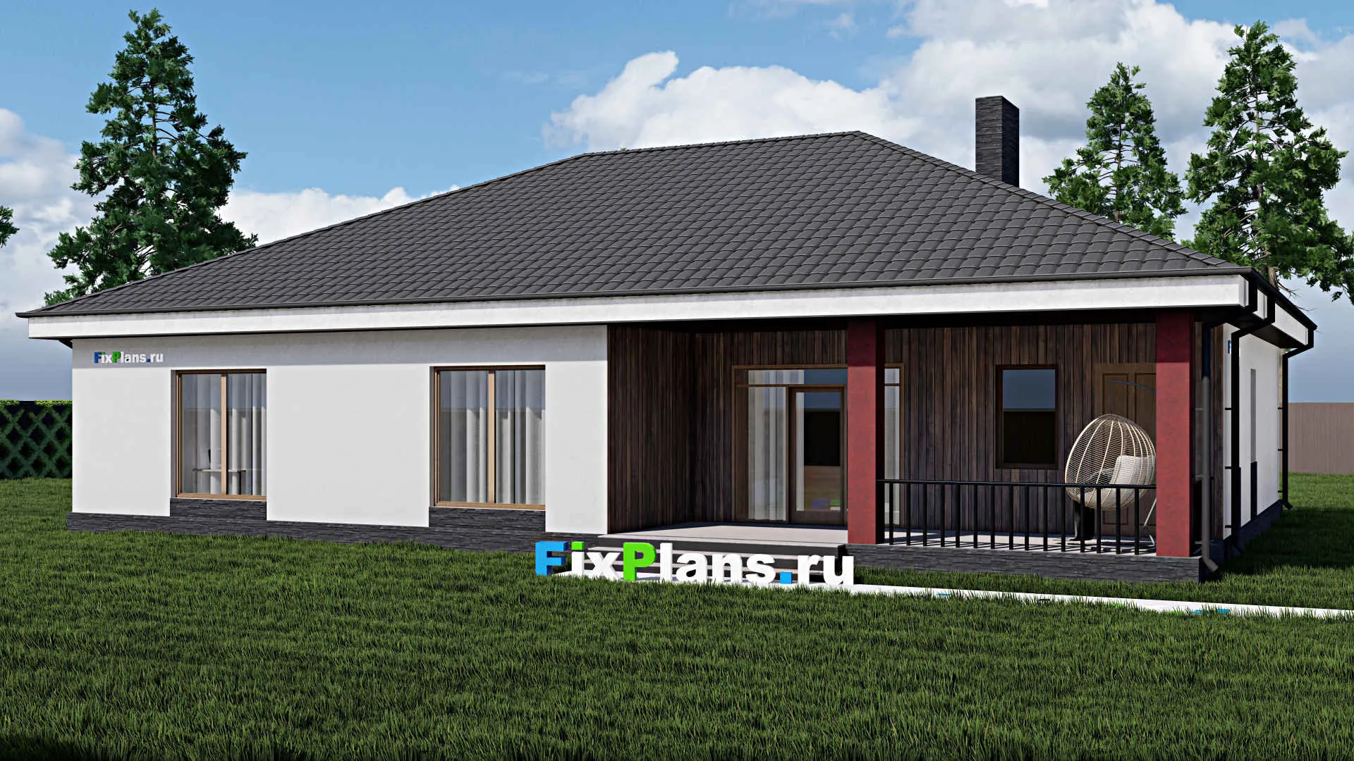 F-0296 - План одноэтажного дома 16 на 19, площадью 220 м² с террасой, гаражом на 2 машины и 2 спальнями