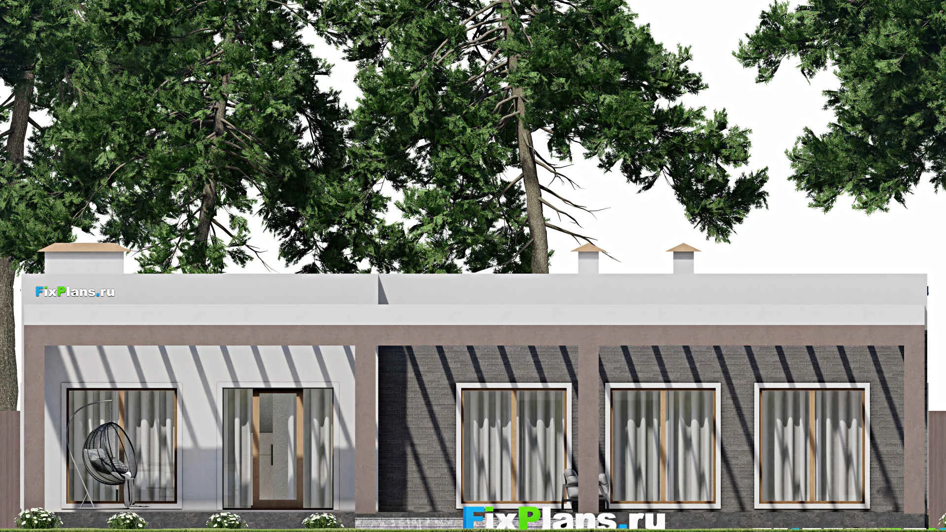 F-8765 - План одноэтажного дома 18 на 25, площадью 330 м² с террасой, гаражом на 2 машины и 3 спальнями