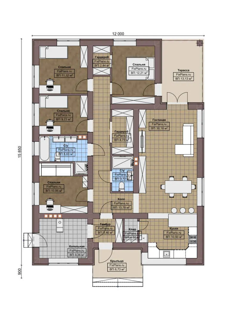 F-8198 - План одноэтажного дома 12 на 16, площадью 150 м² с террасой и 4 спальнями