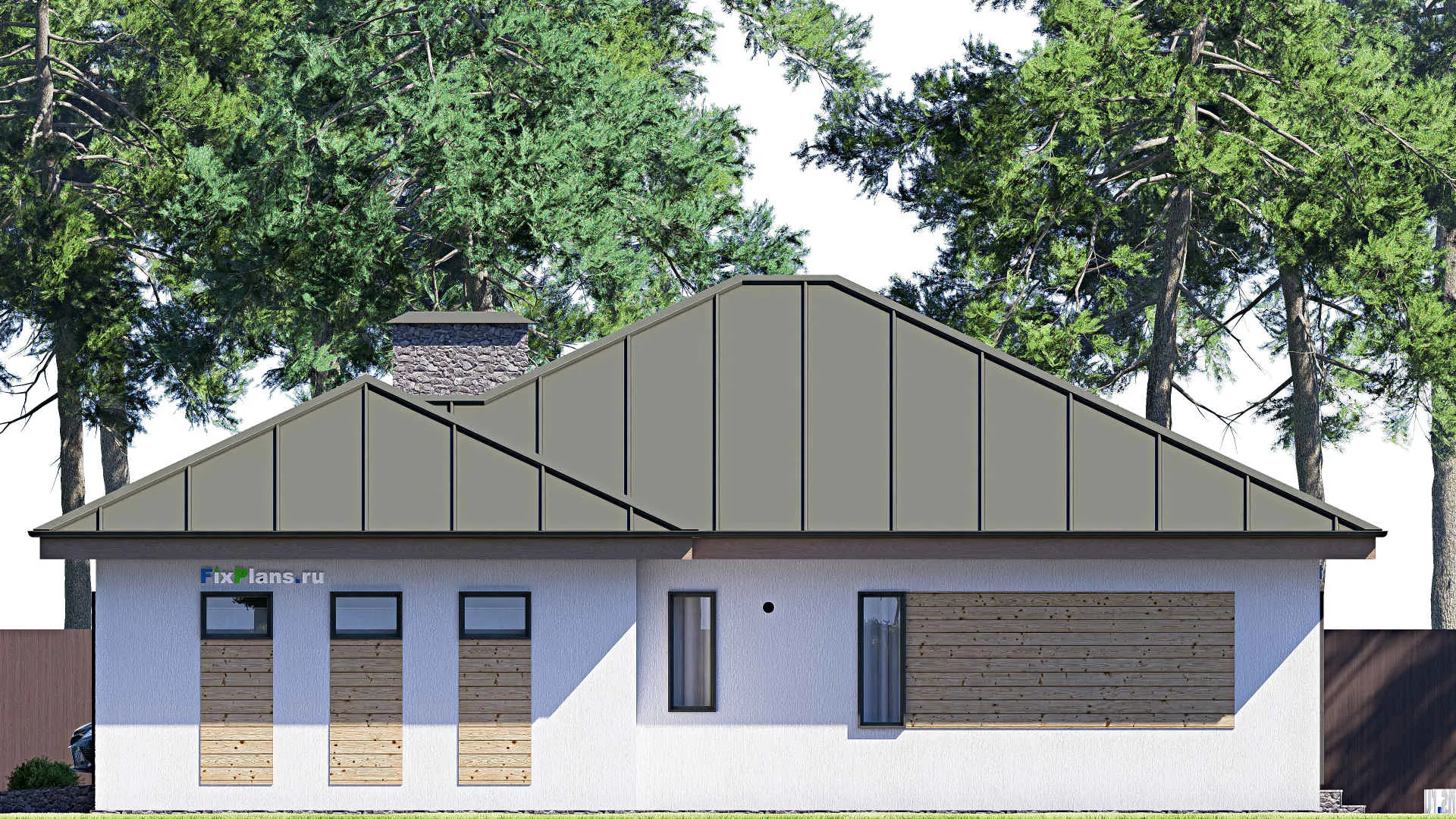 F-20492 - Проект одноэтажного дома 16 на 16, площадью 160 м² с террасой, гаражом на 1 машину и 2 спальнями