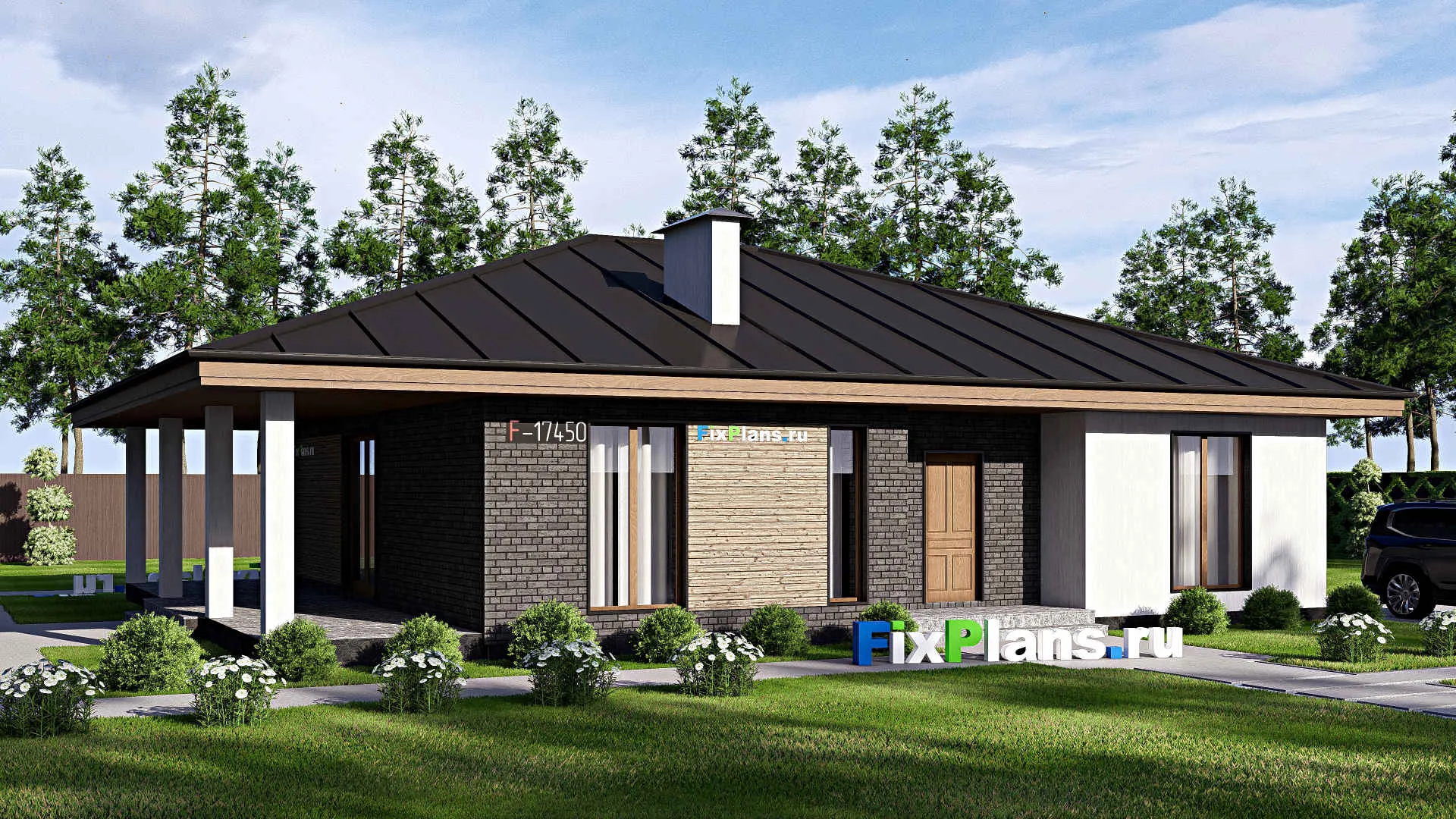 F-17450 - Проект одноэтажного дома 13 на 16, площадью 170 м² с террасой и 3 спальнями