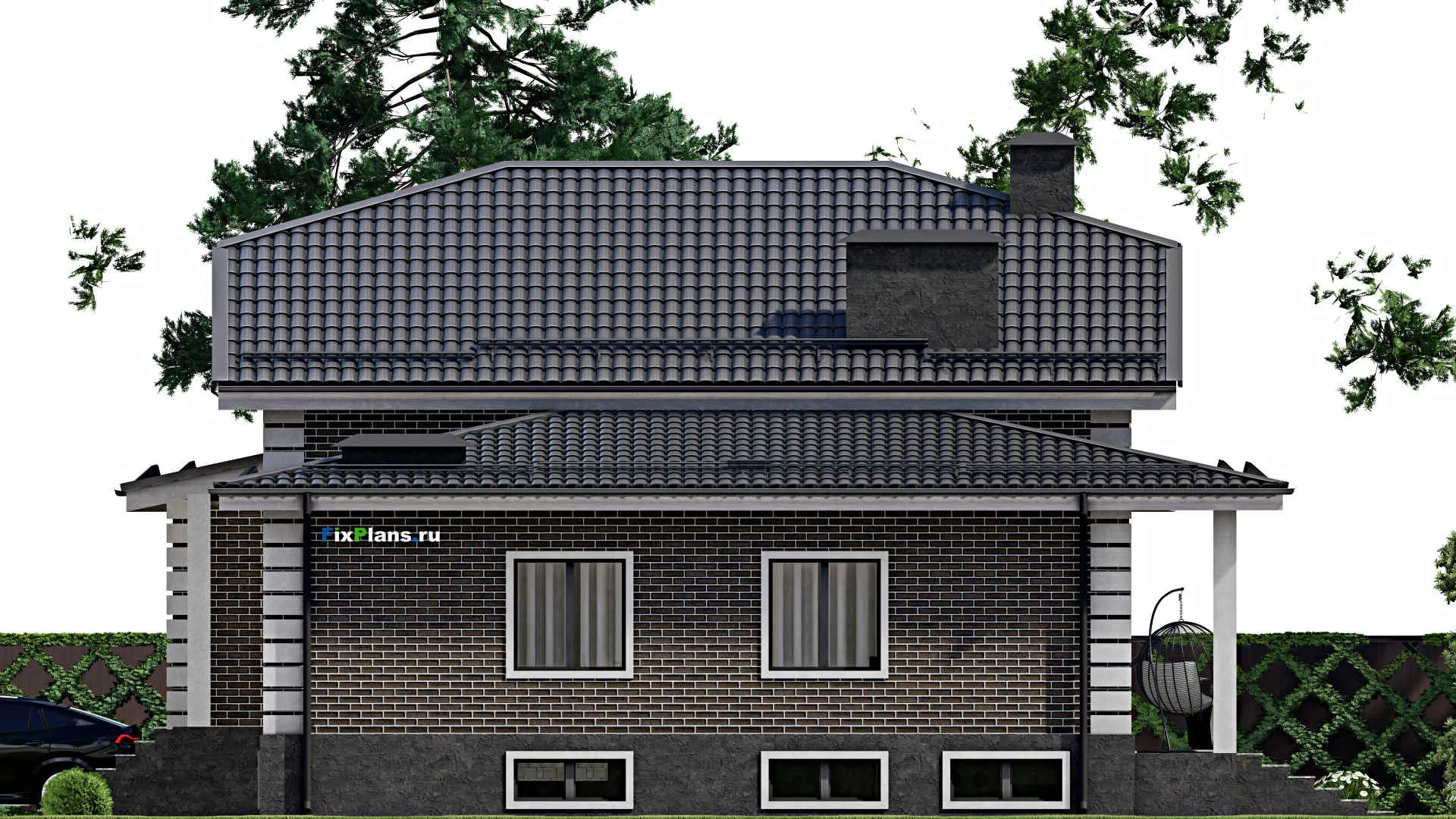 F-5759 - Проект дома с мансардой 13 на 18, площадью 320 м² с цокольным этажом, баней, гаражом на 2 машины и 5 спальнями