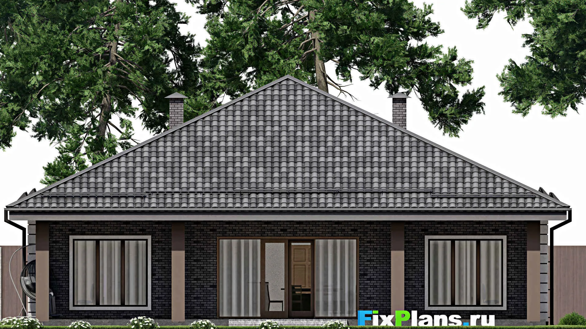 F-6101 - План одноэтажного дома 15 на 18, площадью 210 м² с террасой и 4 спальнями