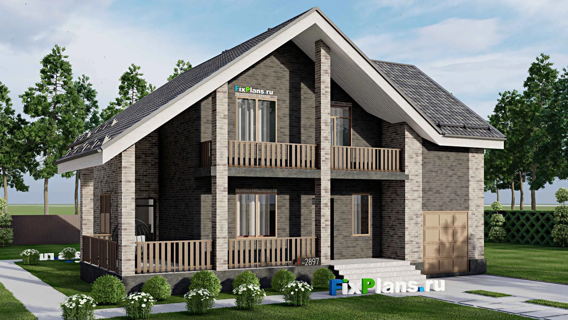 F-2897 - Проект дома с мансардой 13 на 14, площадью 250 м² с террасой, балконом, гаражом на 1 машину и 6 спальнями