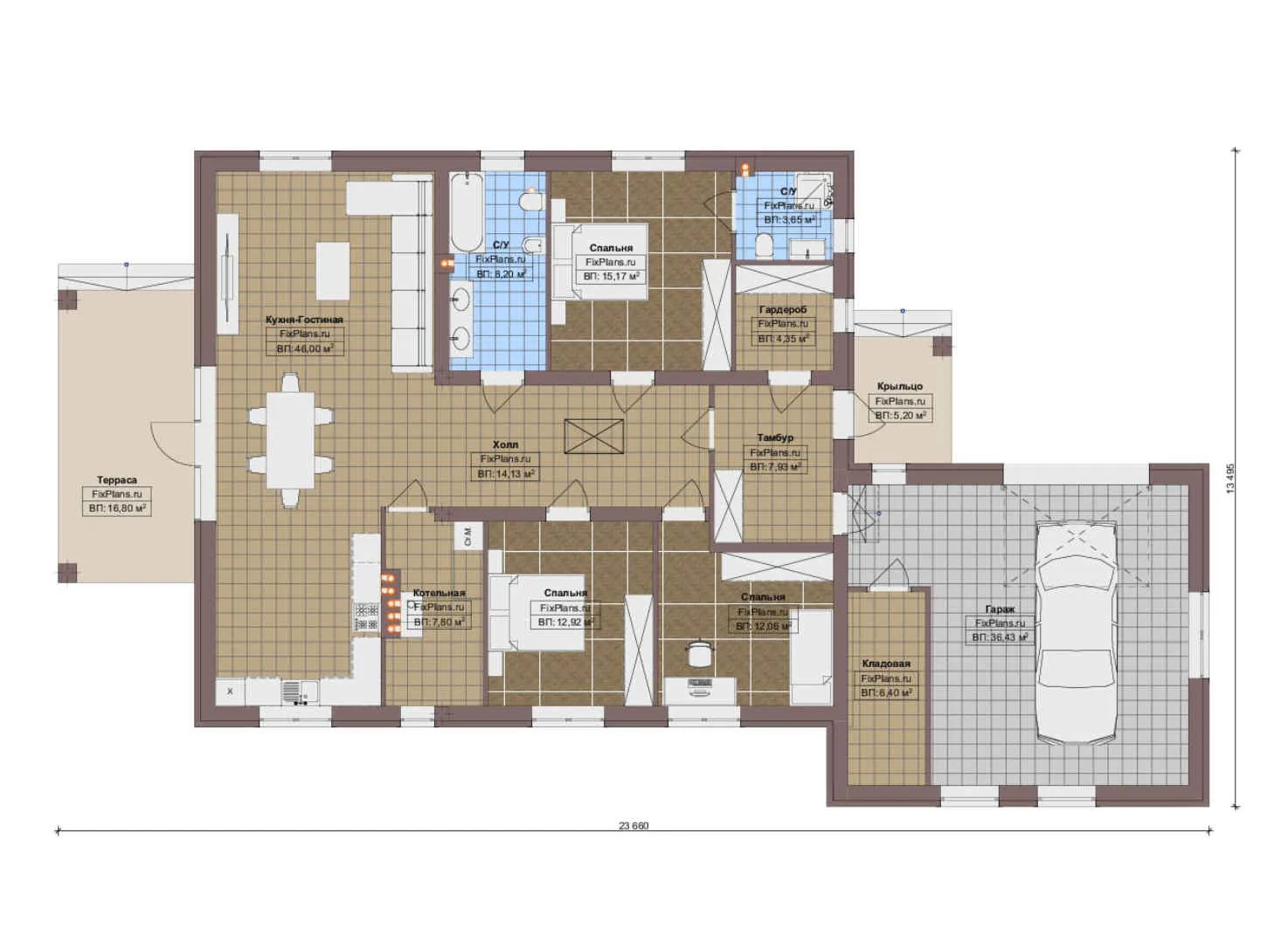 F-18728 - План одноэтажного дома 14 на 24, площадью 200 м² с террасой, гаражом на 2 машины и 3 спальнями