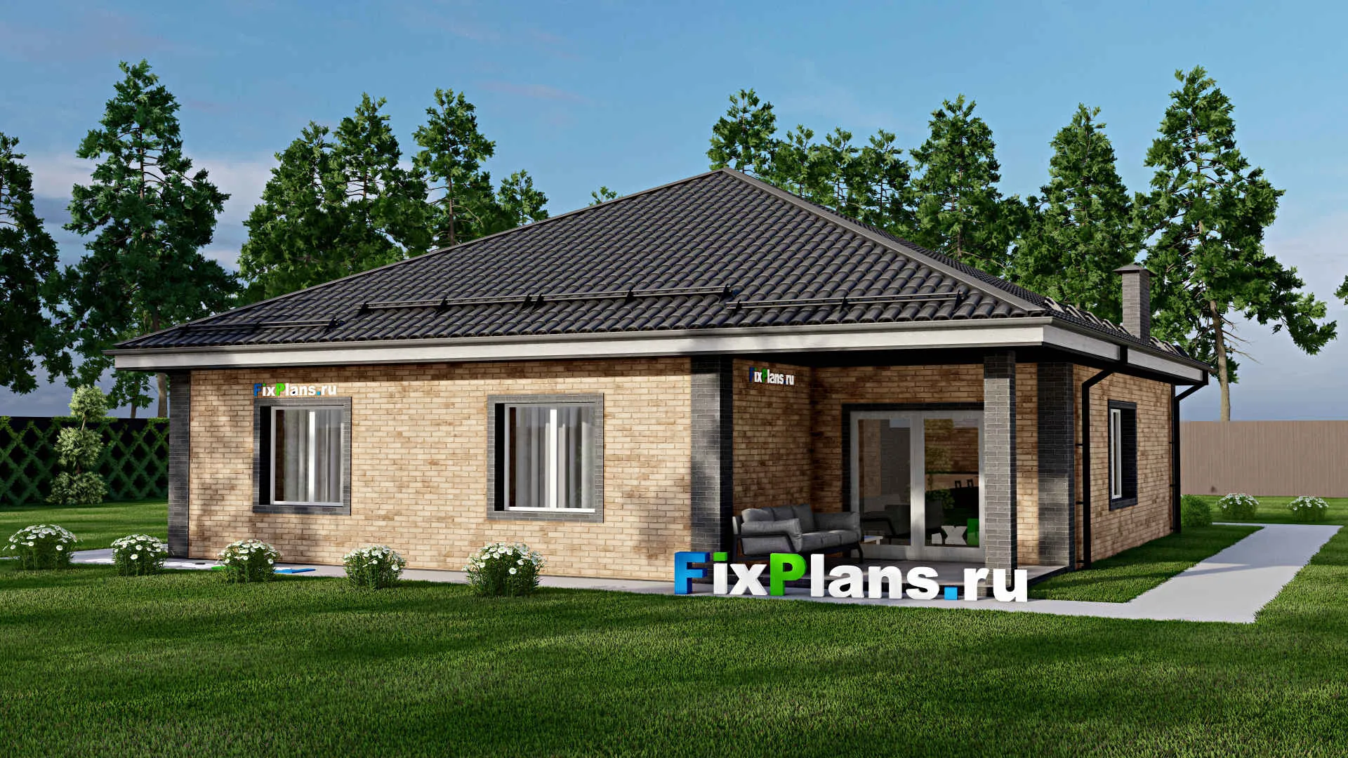 F-4031 - Проект одноэтажного дома 13 на 17, площадью 160 м² с террасой, гаражом на 1 машину и 3 спальнями