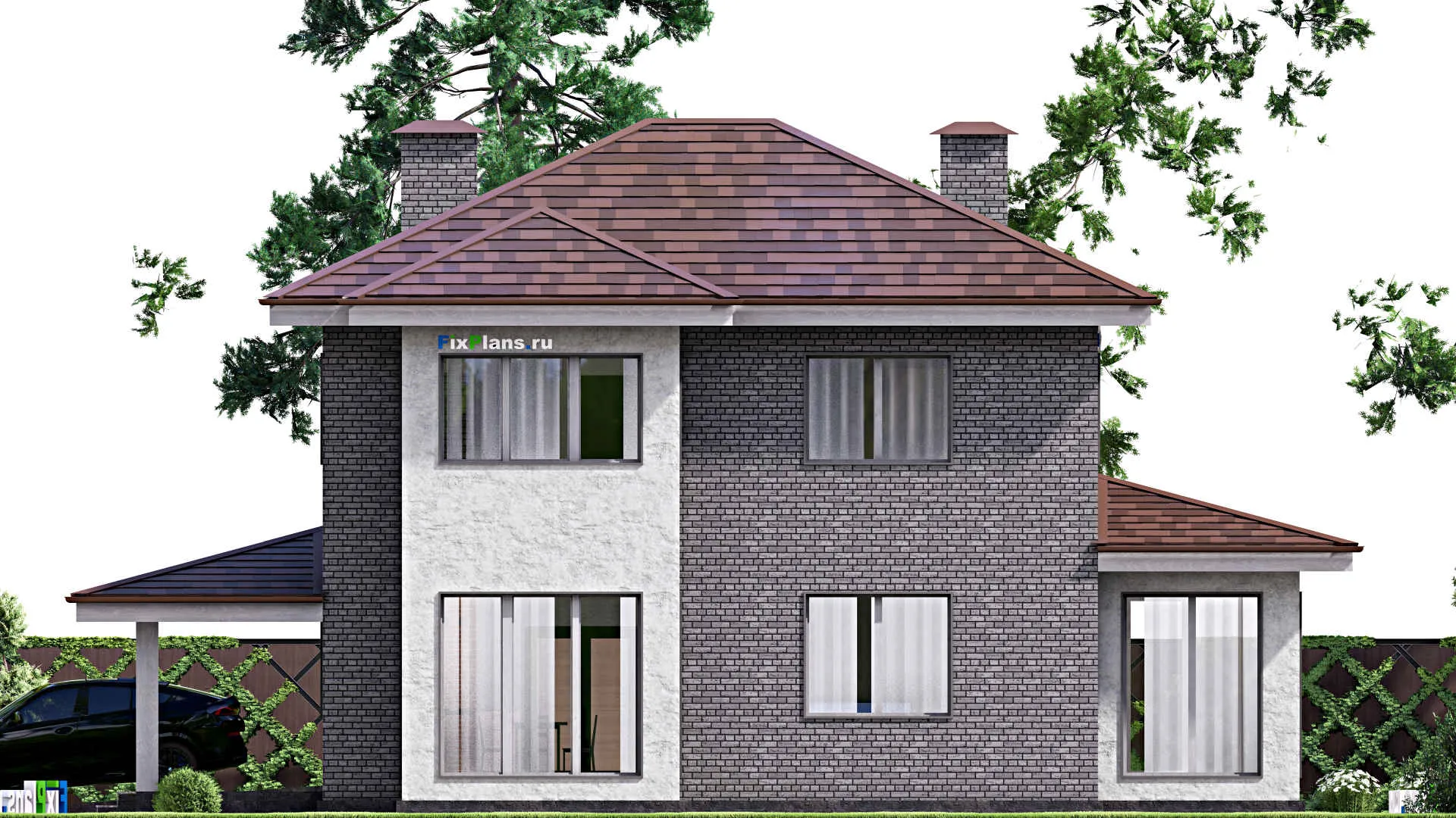 F-15191 - Планы двухэтажного дома 16 на 18, площадью 270 м² с террасой, гаражом на 2 машины и 4 спальнями