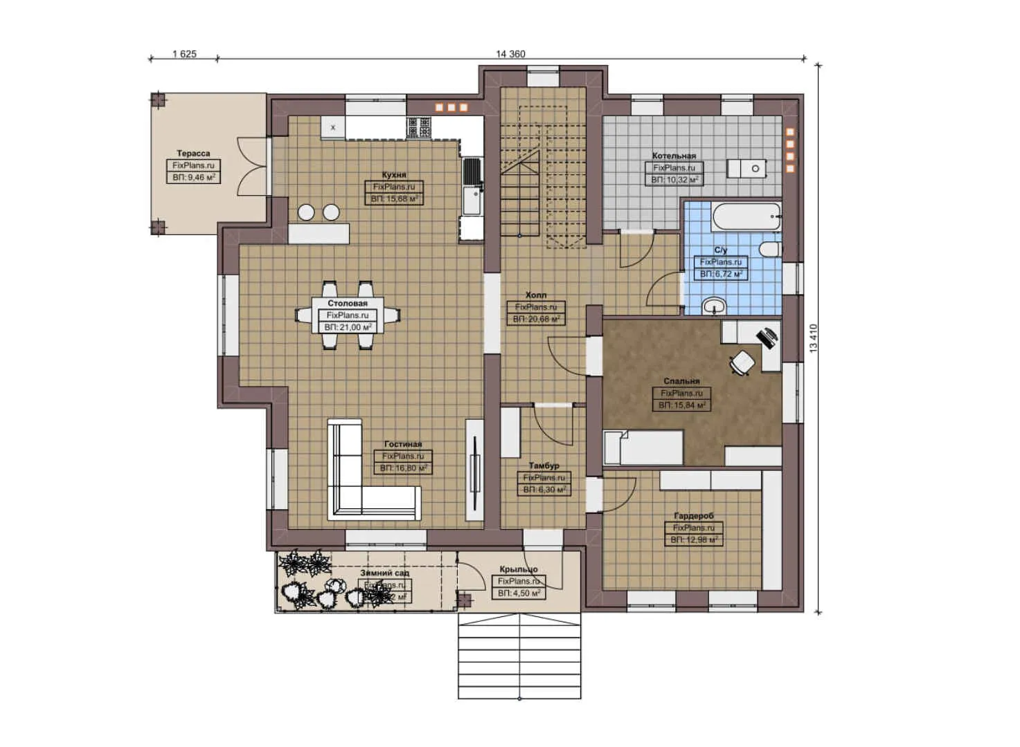 F-2402 - Планы двухэтажного дома с мансардой 14 на 15, площадью 330 м² с террасой и 8 спальнями