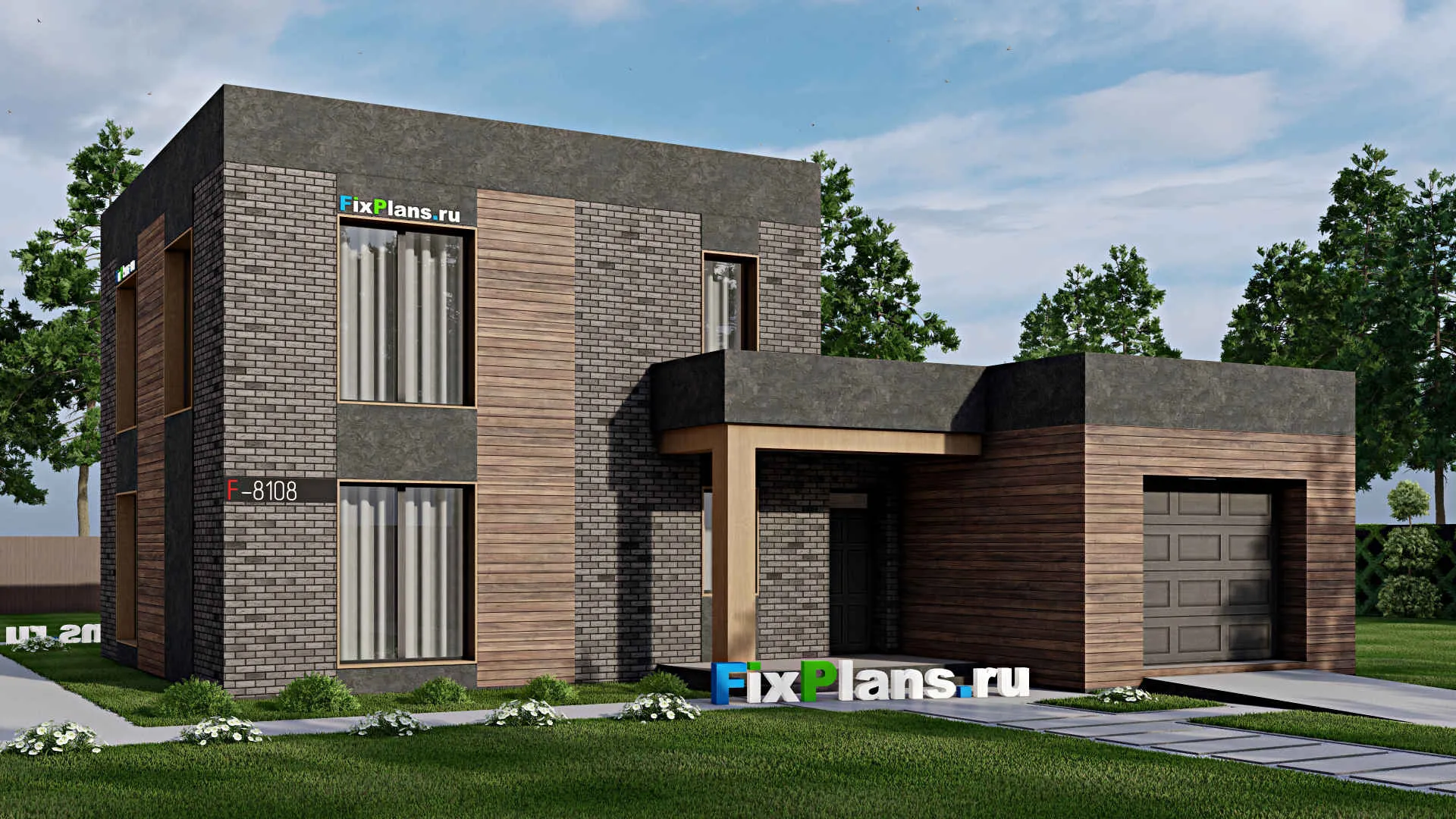 F-8108 - Проект двухэтажного дома 15 на 16, площадью 190 м² с гаражом на 2 машины и 4 спальнями
