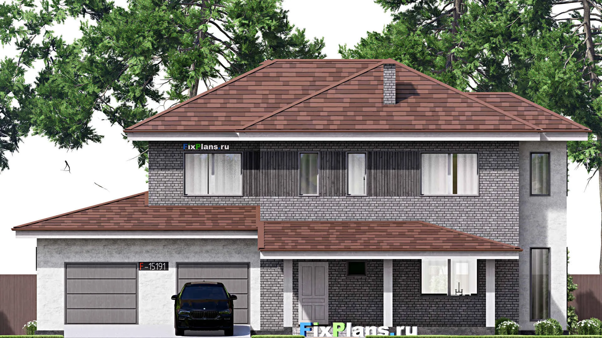 F-15191 - Планы двухэтажного дома 16 на 18, площадью 270 м² с террасой, гаражом на 2 машины и 4 спальнями