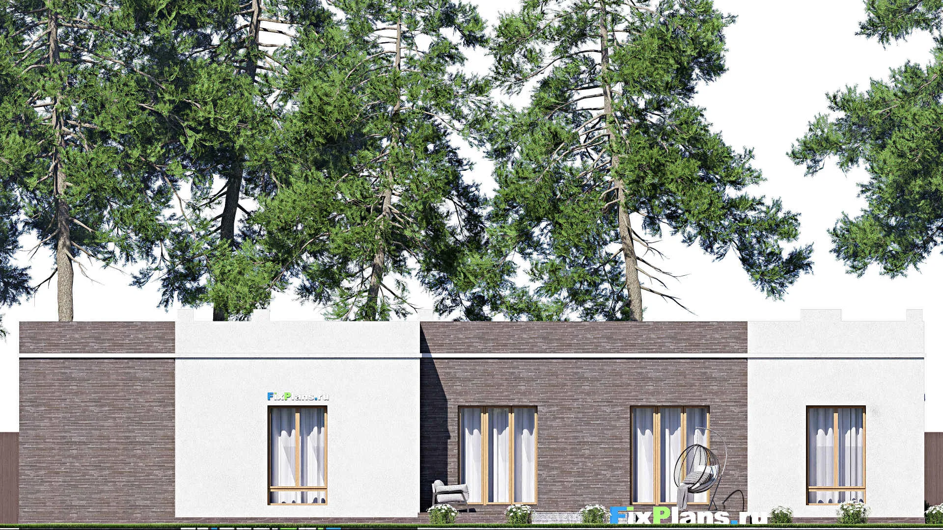 F-19898 - Проект одноэтажного дома 21 на 23, площадью 330 м² с террасой, гаражом на 2 машины и 3 спальнями