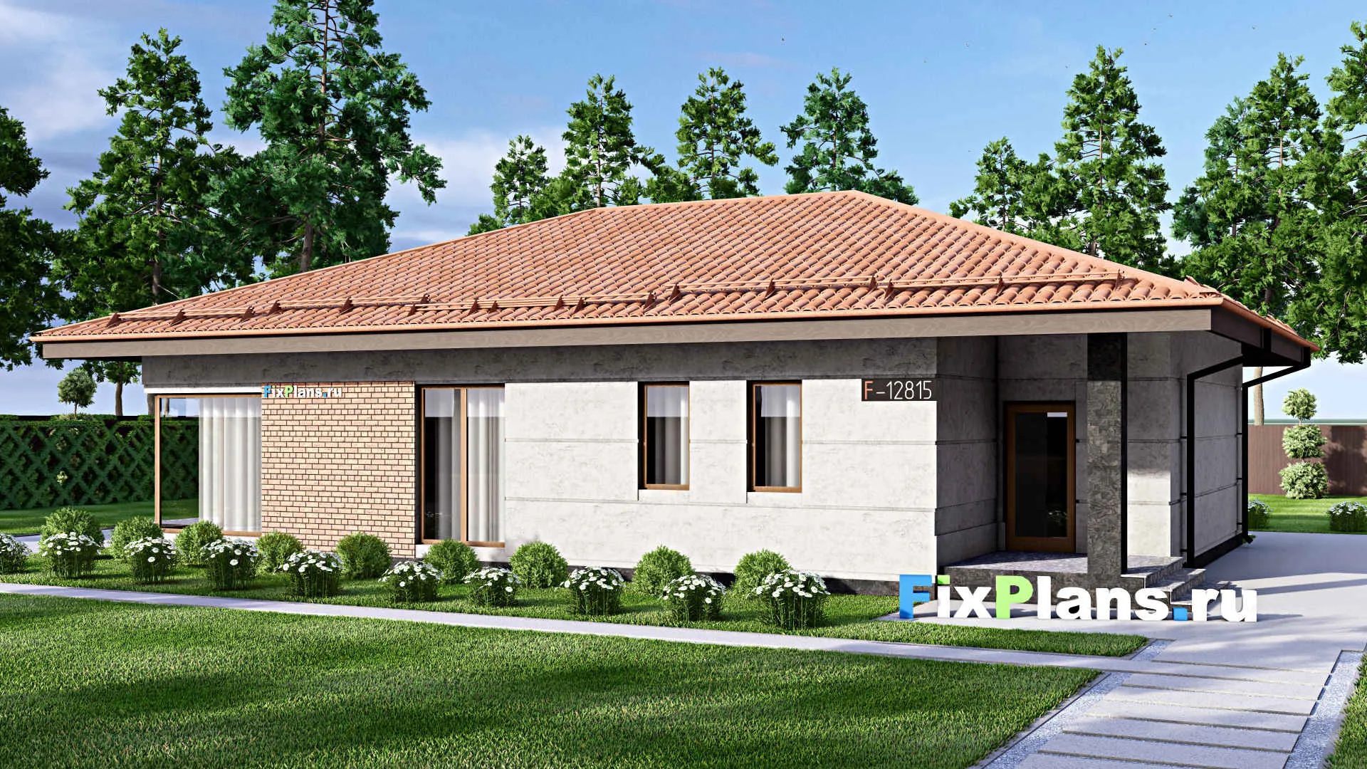 F-12815 - Проект одноэтажного дома 13 на 18, площадью 170 м² с террасой и 3 спальнями