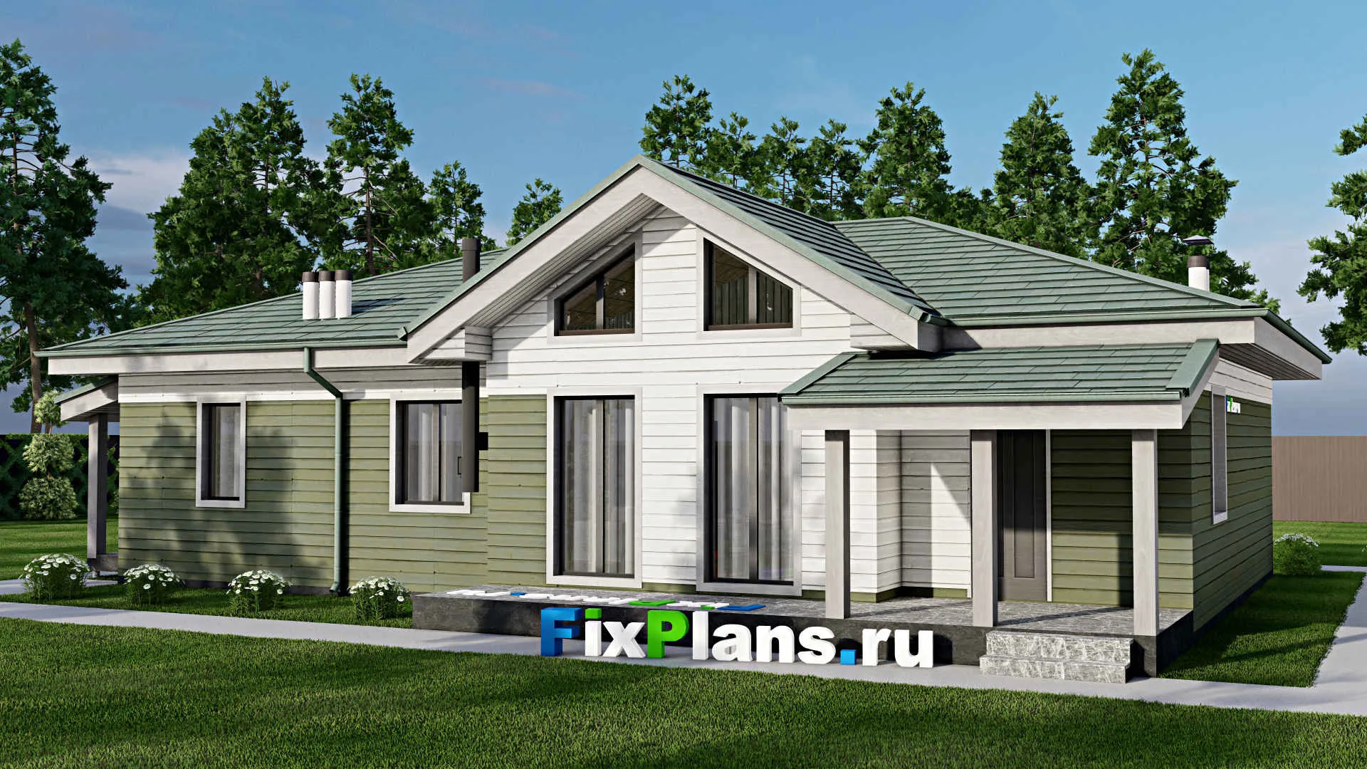 F-9791 - План одноэтажного дома 13 на 18, площадью 160 м² с террасой, гаражом на 1 машину и 2 спальнями