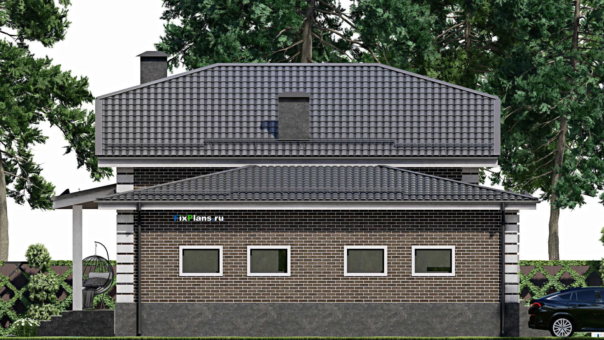 F-5759 - Проект дома с мансардой 13 на 18, площадью 320 м² с цокольным этажом, баней, гаражом на 2 машины и 5 спальнями