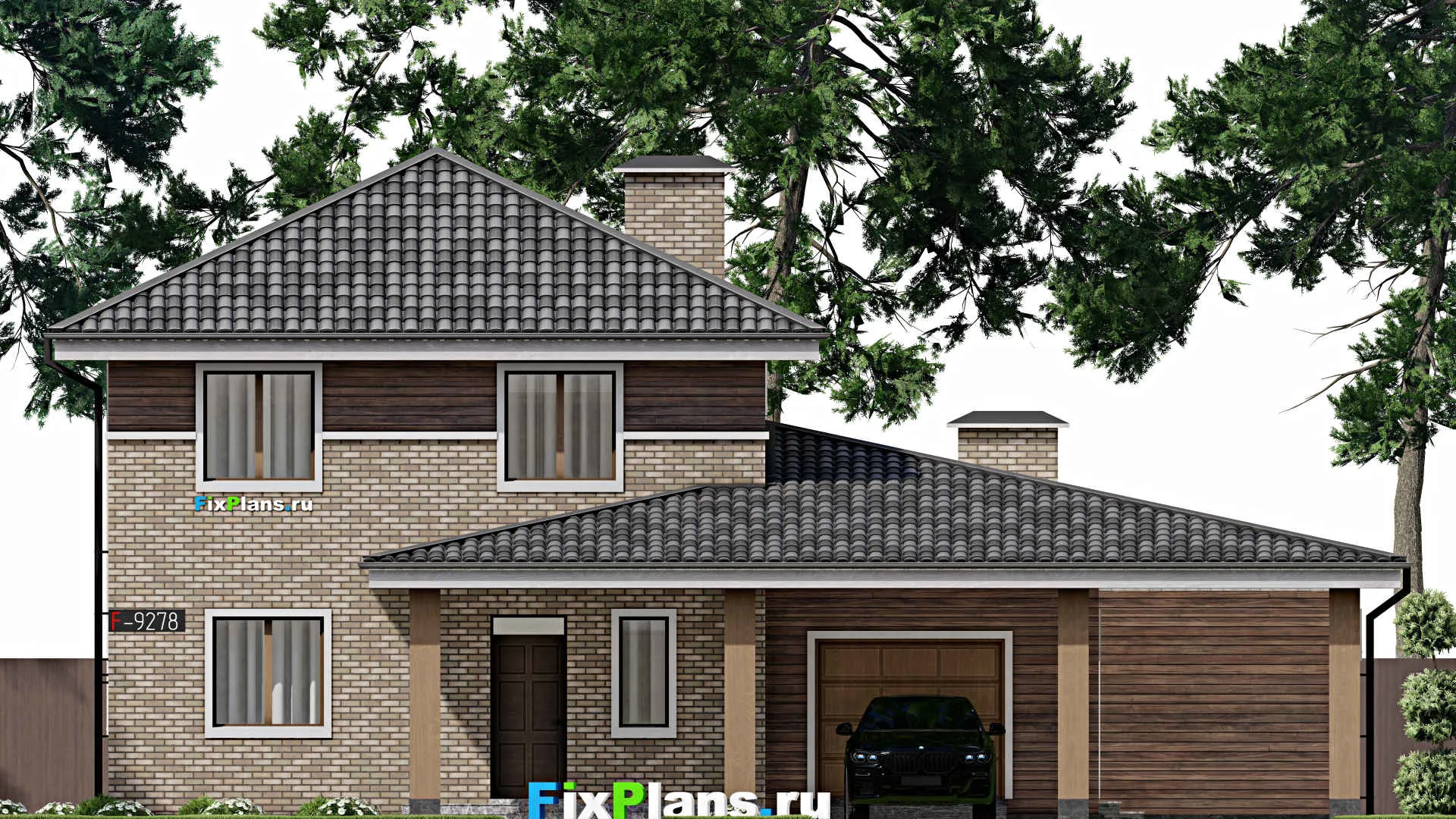 F-9278 - Проект двухэтажного дома 17 на 17, площадью 220 м² с террасой, гаражом на 1 машину и 4 спальнями