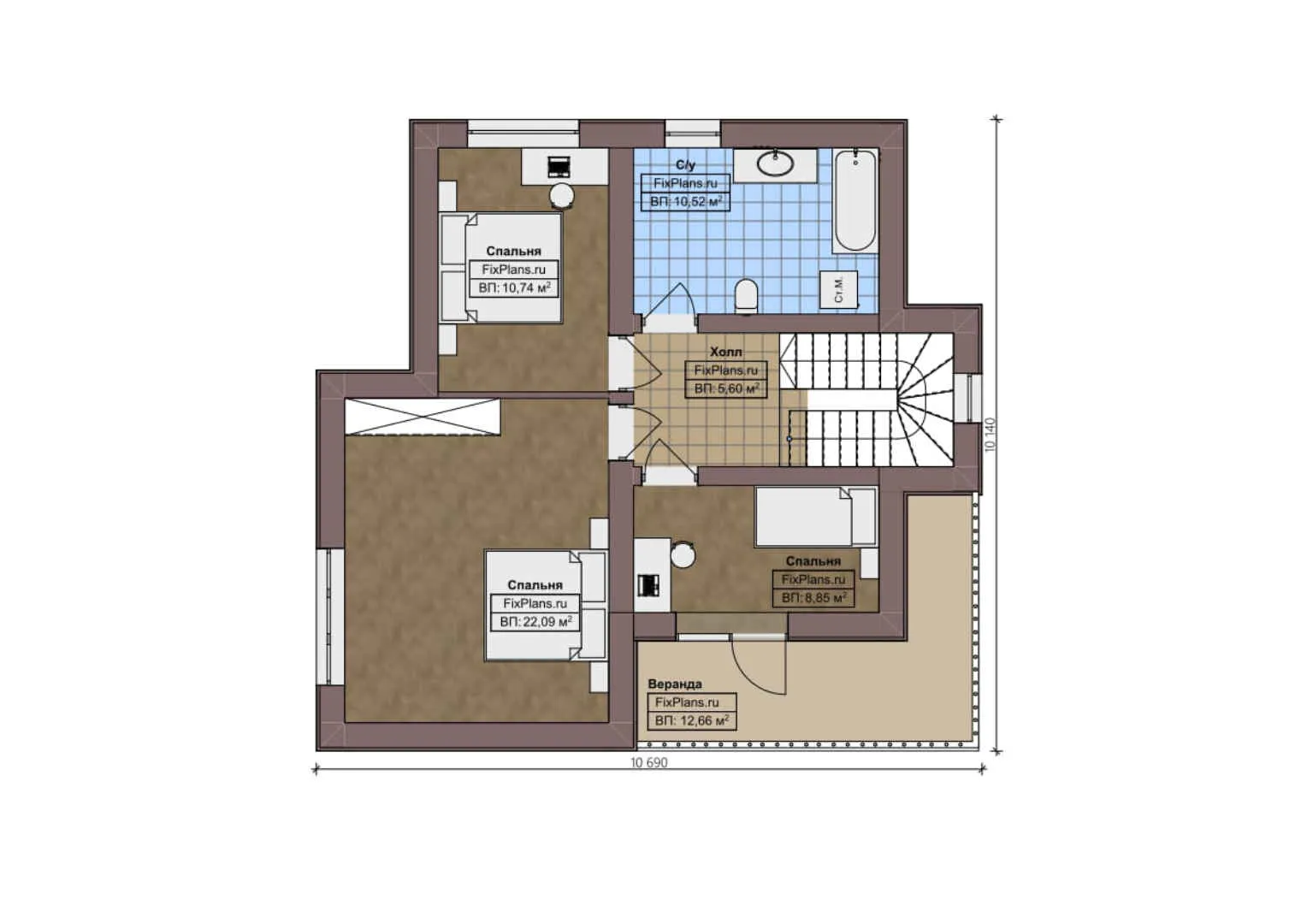 F-1295 - Планы двухэтажного дома 11 на 11, площадью 150 м² с террасой и 3 спальнями
