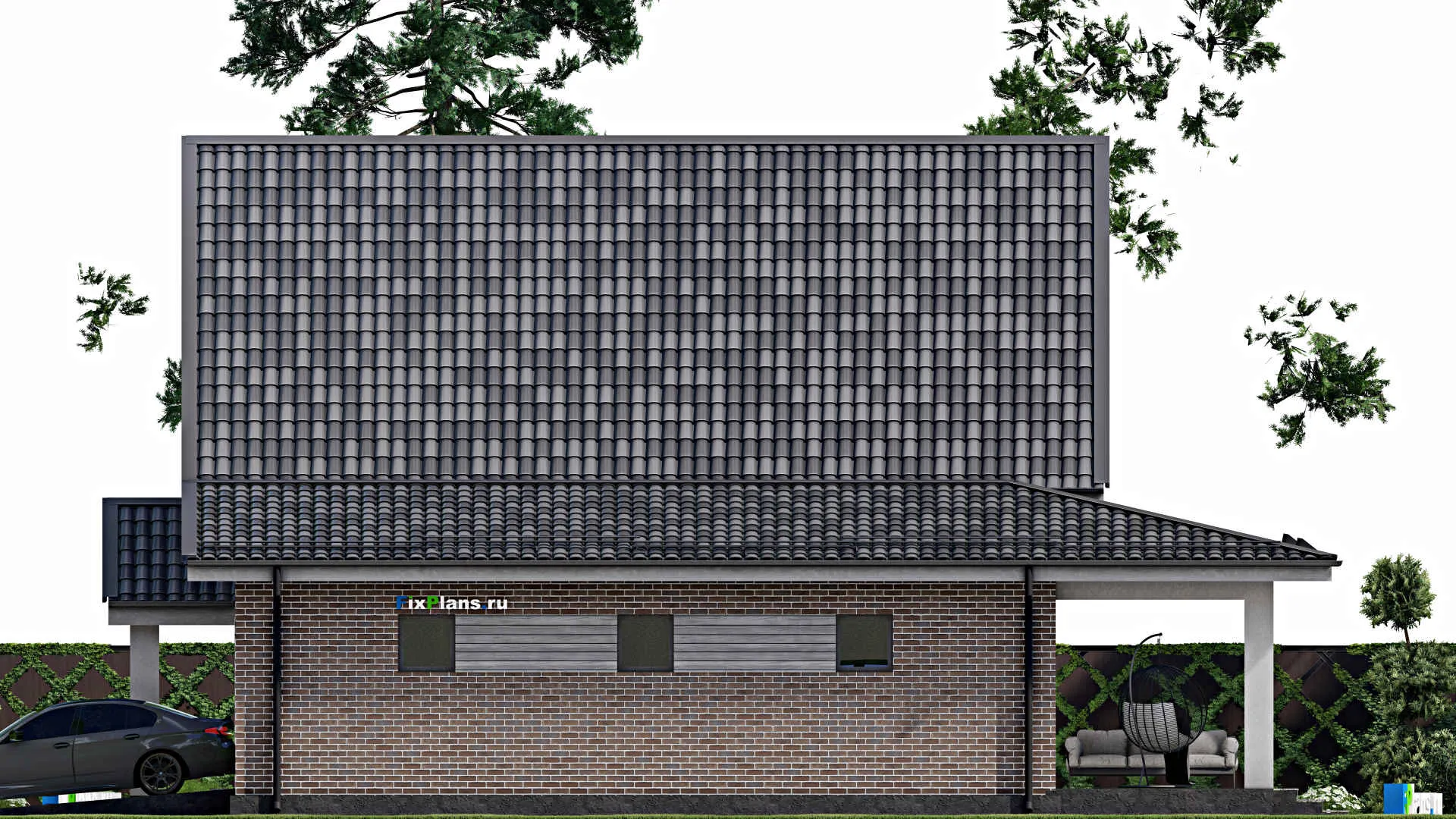 F-3032i - Проект дома с мансардой 13 на 15, площадью 210 м² с террасой, гаражом на 2 машины и 3 спальнями