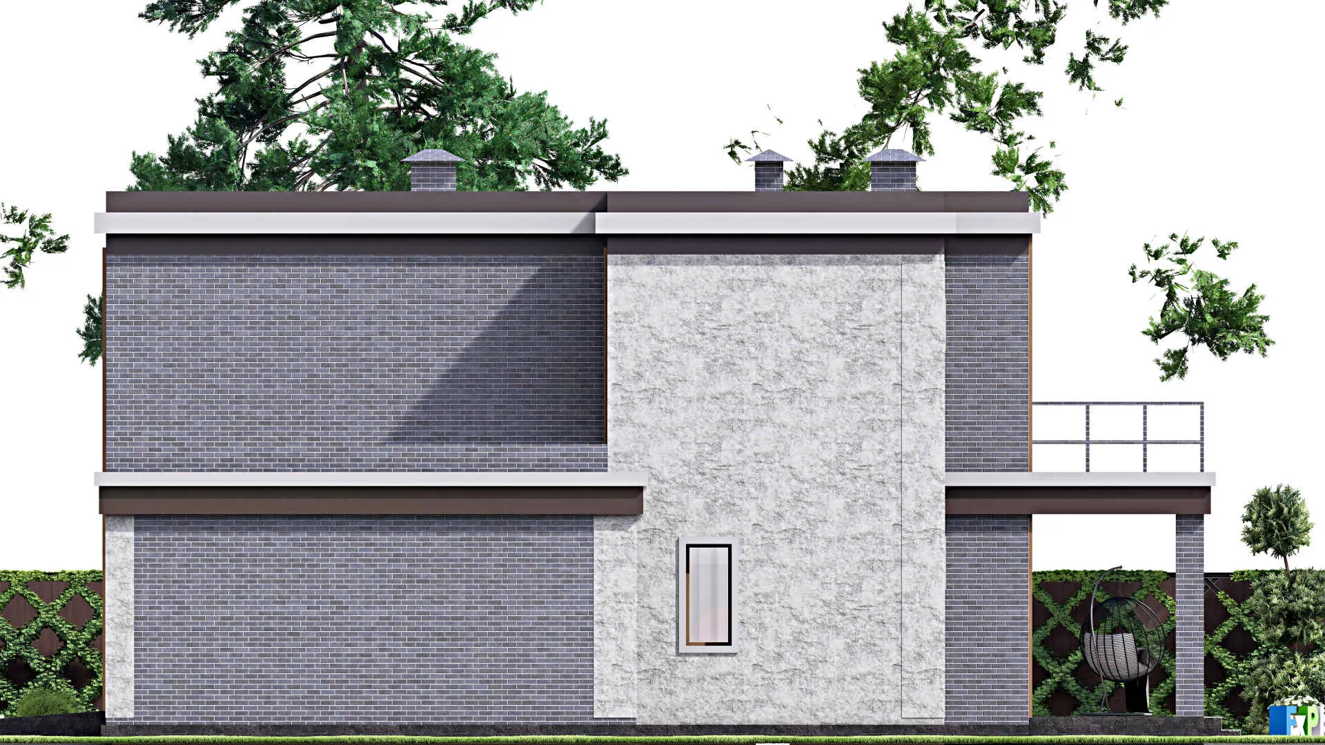 F-13301 - Проект двухэтажного дома 16 на 16, площадью 280 м² с террасой, балконом, гаражом на 2 машины и 4 спальнями