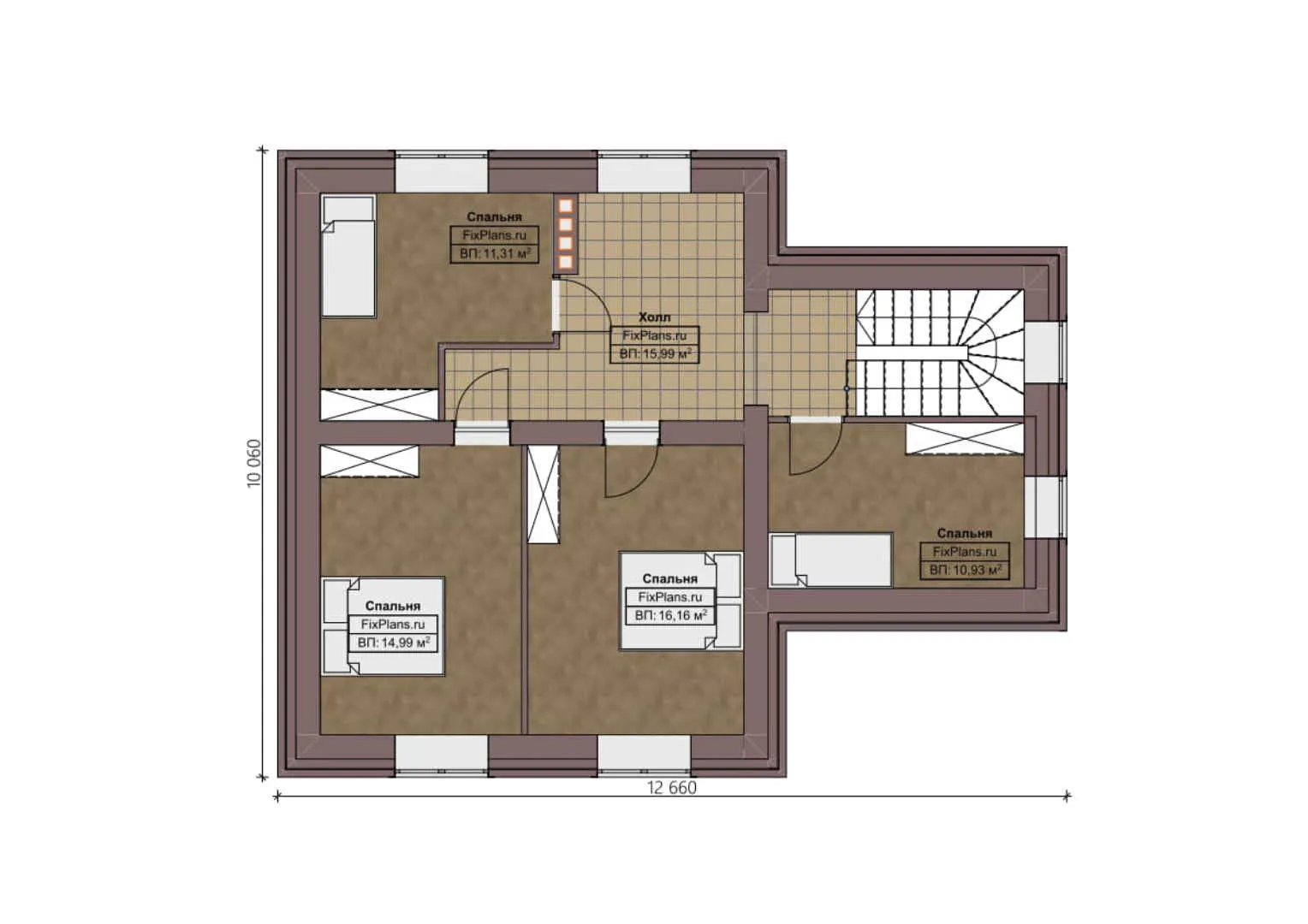 F-3167 - Планы дома с мансардой 11 на 13, площадью 200 м² с террасой и 4 спальнями