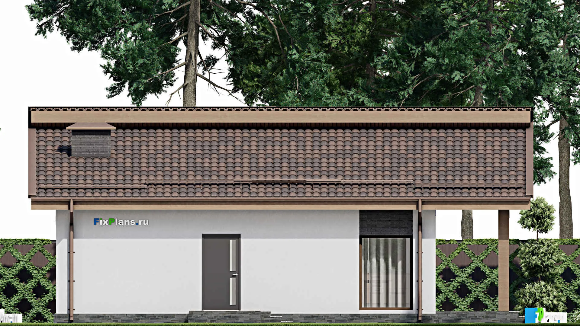 F-9809 - План одноэтажного дома 12 на 13, площадью 110 м² с террасой, баней и 2 спальнями