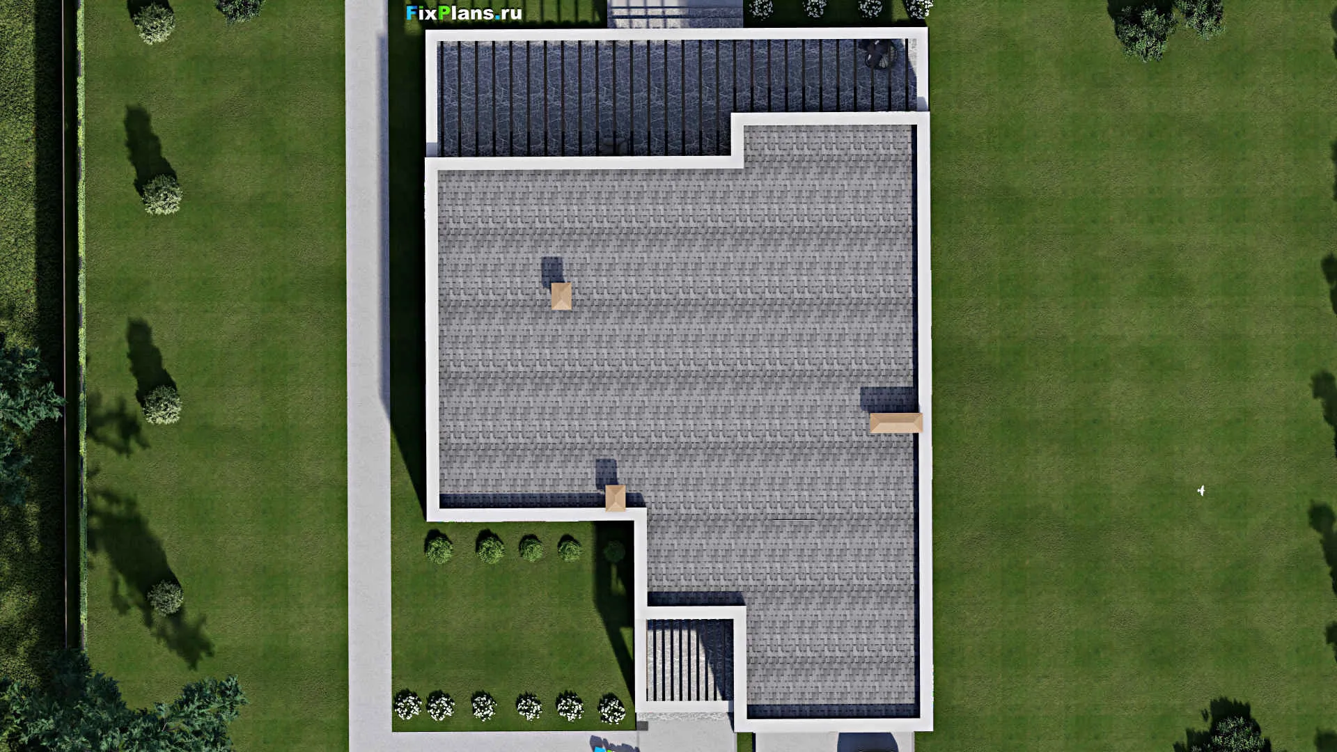 F-8765 - План одноэтажного дома 18 на 25, площадью 330 м² с террасой, гаражом на 2 машины и 3 спальнями