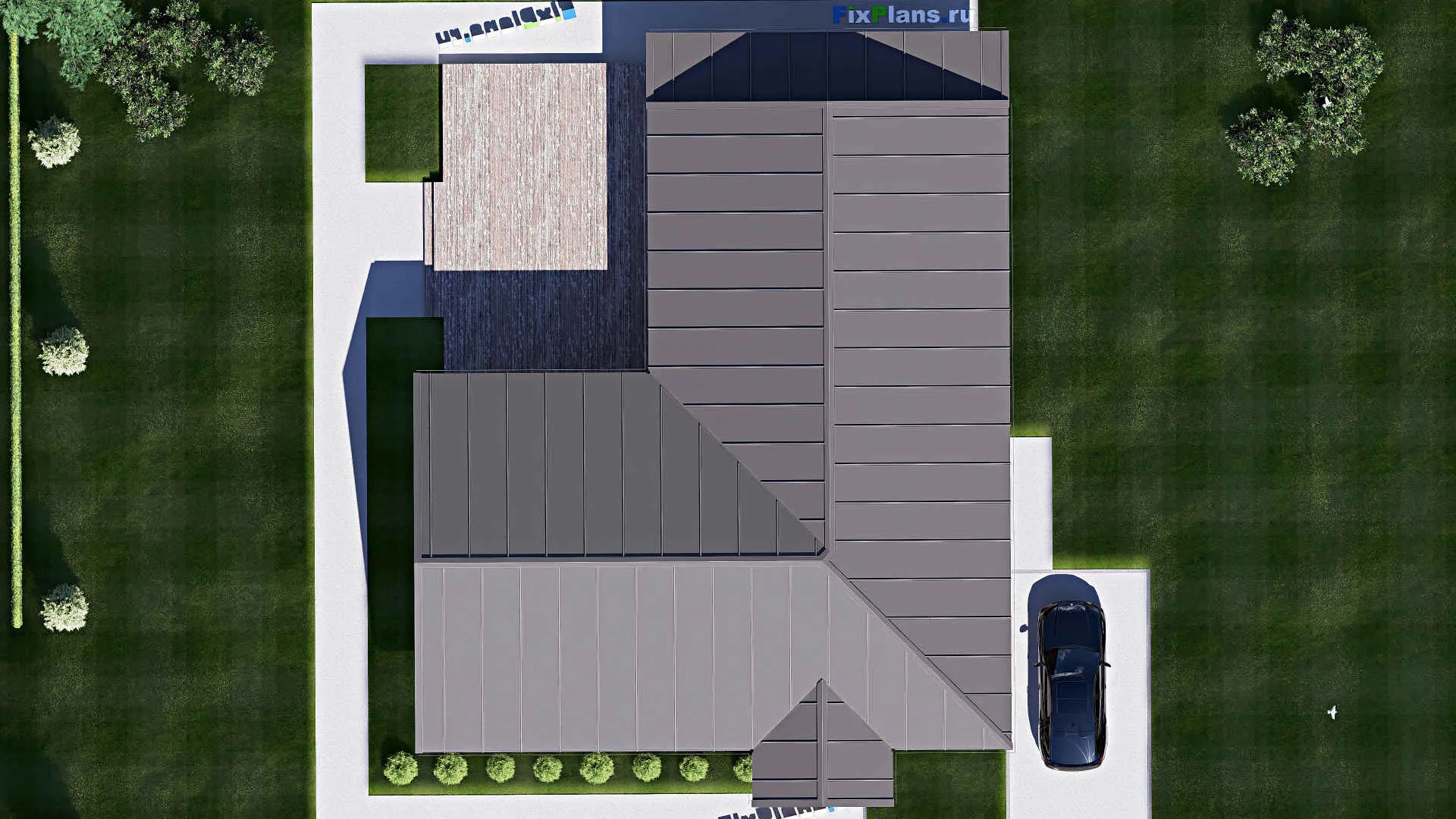 F-19259 - План одноэтажного дома 16 на 21, площадью 260 м² с террасой, баней и 4 спальнями