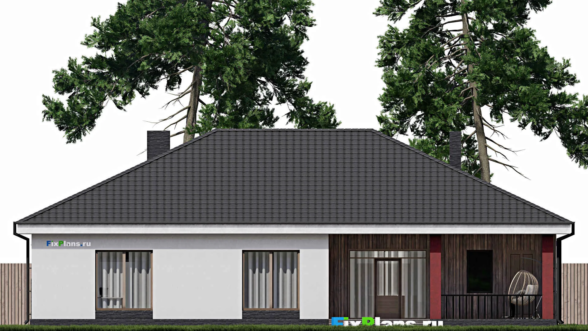 F-0296 - План одноэтажного дома 16 на 19, площадью 220 м² с террасой, гаражом на 2 машины и 2 спальнями