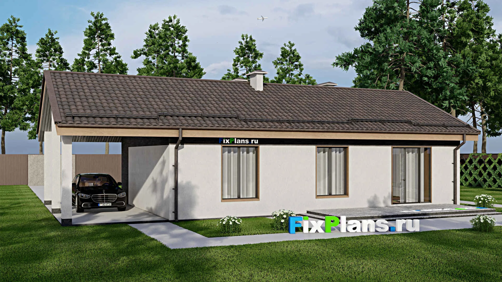 F-6686 - Проект одноэтажного дома 9 на 14, площадью 140 м² с террасой и 2 спальнями