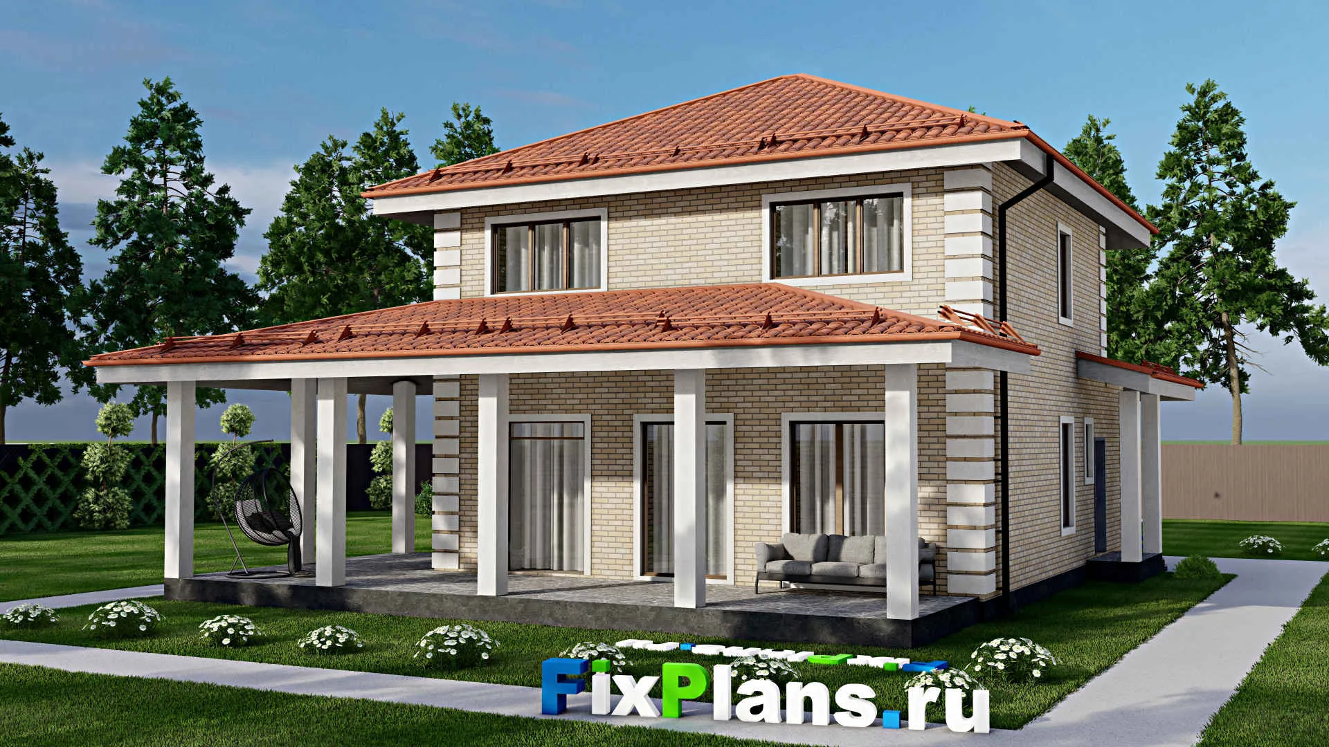 F-9539 - Планы двухэтажного дома 13 на 16, площадью 180 м² с террасой и 4 спальнями