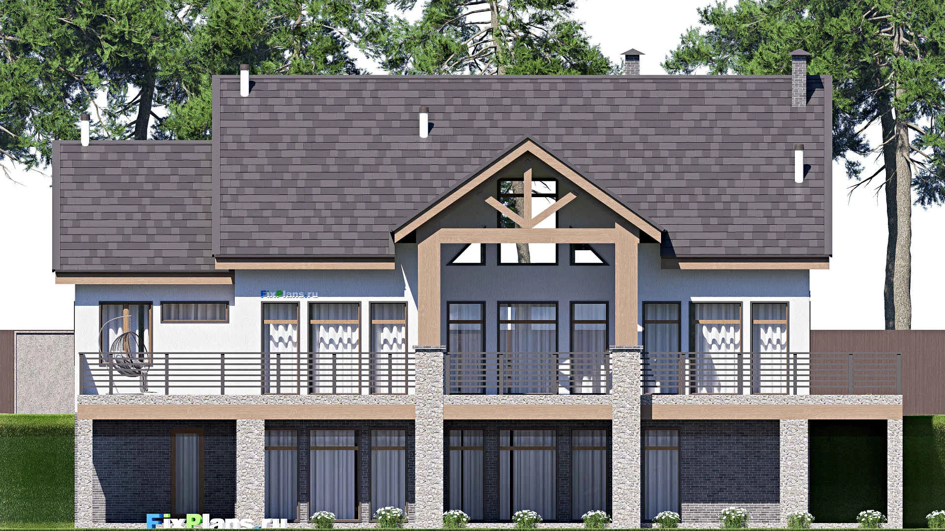 F-20627 - План одноэтажного дома 18 на 23, площадью 570 м² с террасой, цокольным этажом, гаражом на 2 машины и 3 спальнями