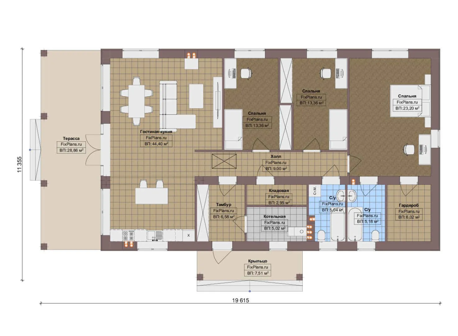 F-17000 - План одноэтажного дома 12 на 20, площадью 170 м² с террасой и 3 спальнями