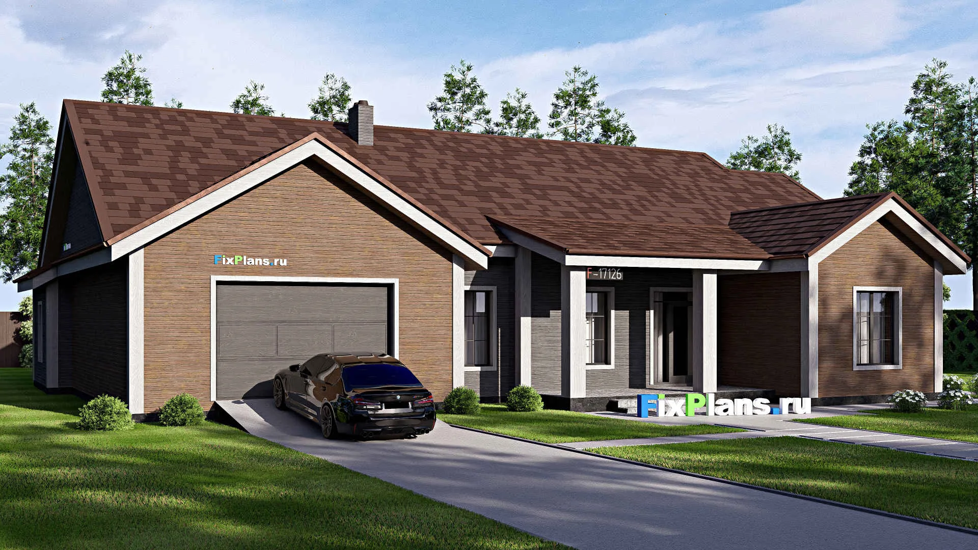 F-17126 - Проект одноэтажного дома 18 на 23, площадью 270 м² с террасой, гаражом на 2 машины и 4 спальнями