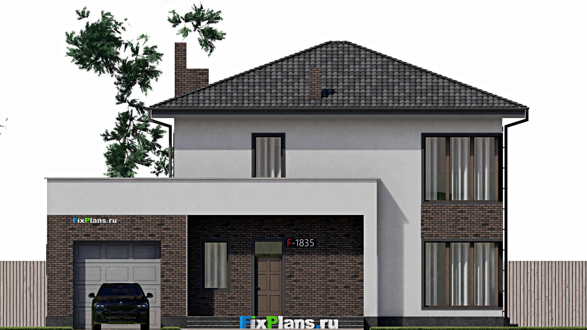 F-1835 - Проект двухэтажного дома 12 на 16, площадью 270 м² с террасой, балконом, гаражом на 1 машину и 4 спальнями