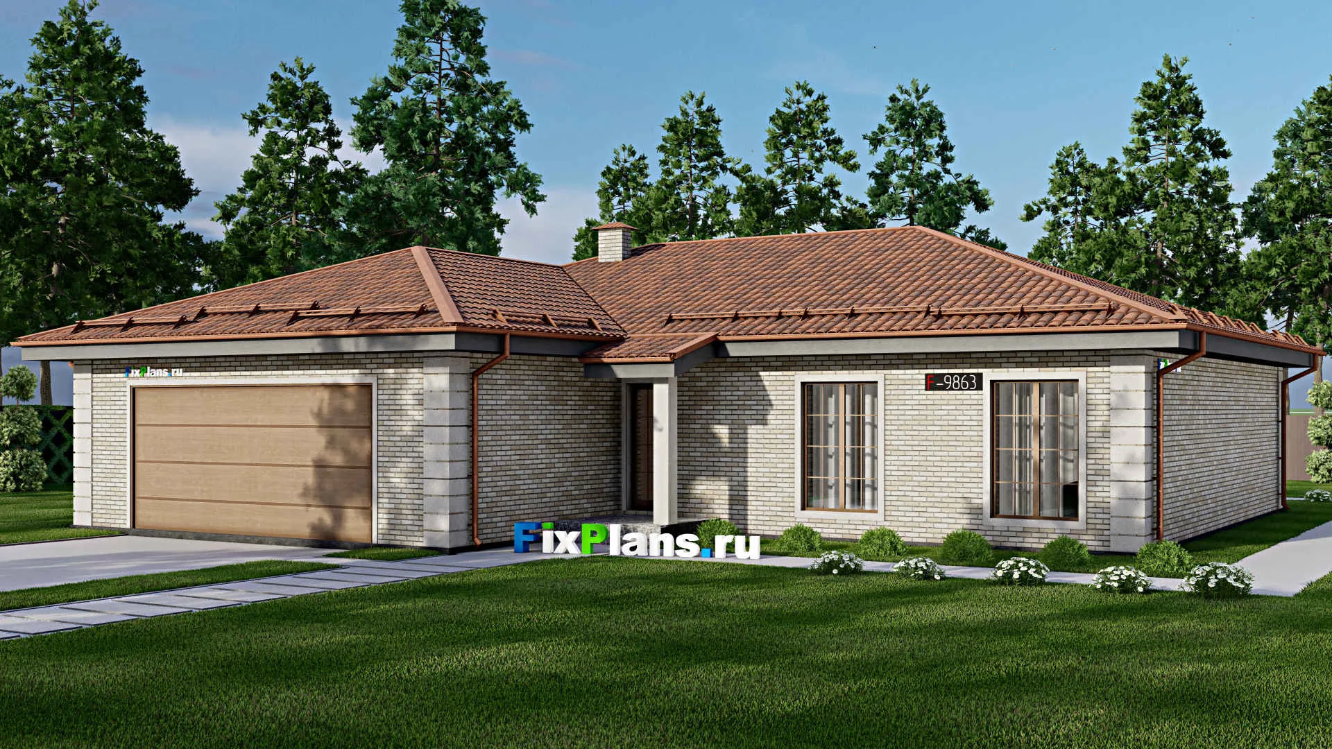 F-9863 - Проект одноэтажного дома 19 на 21, площадью 270 м² с террасой, цокольным этажом, баней, гаражом на 2 машины и 3 спальнями