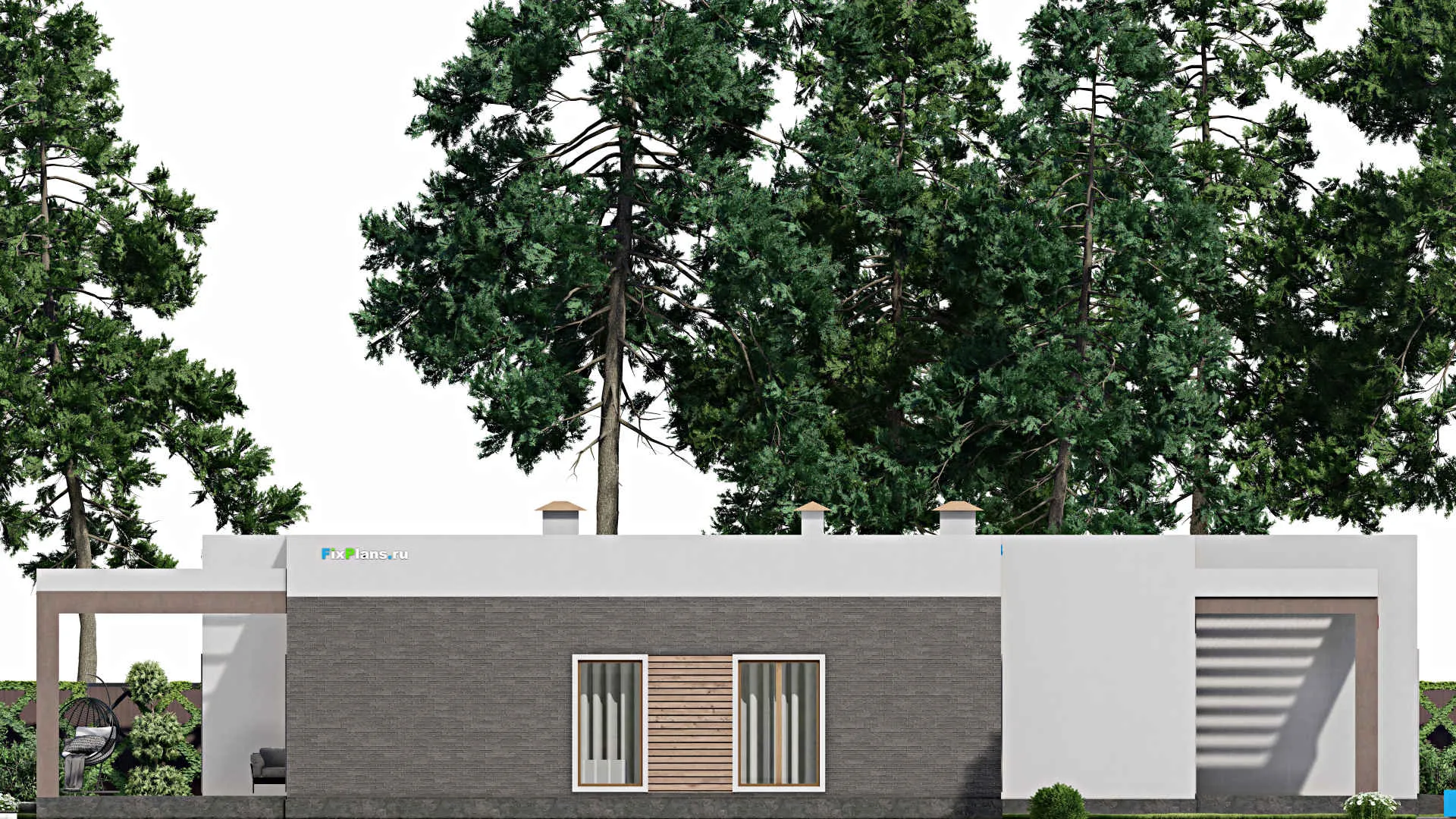 F-8765 - План одноэтажного дома 18 на 25, площадью 330 м² с террасой, гаражом на 2 машины и 3 спальнями